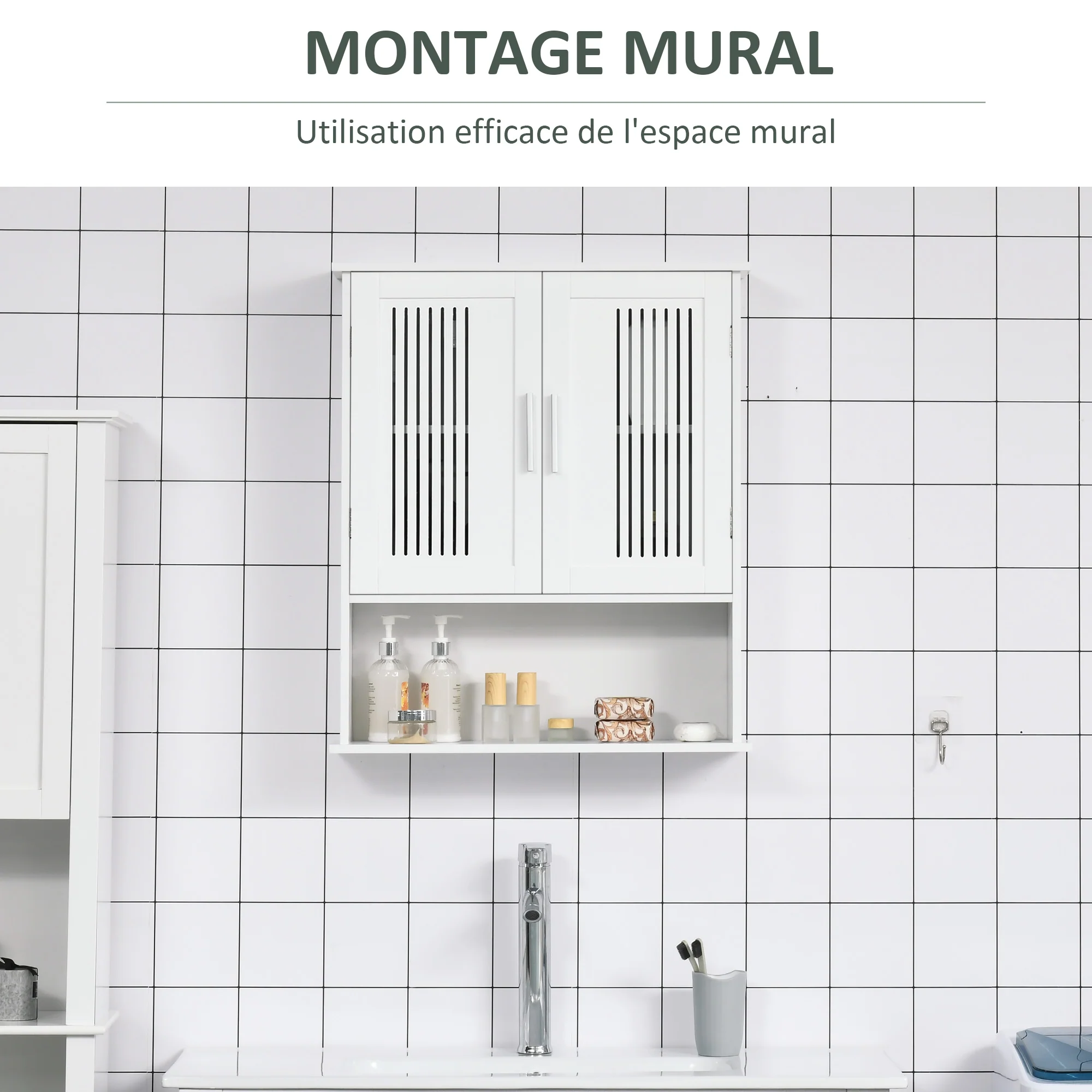 Armoire murale, meuble haut salle de bain avec étagère réglable, double porte et étagère ouverte, meuble de salle de bain, meuble de rangement suspendu, 60 x 20 x 70 cm, blanc - Image 5