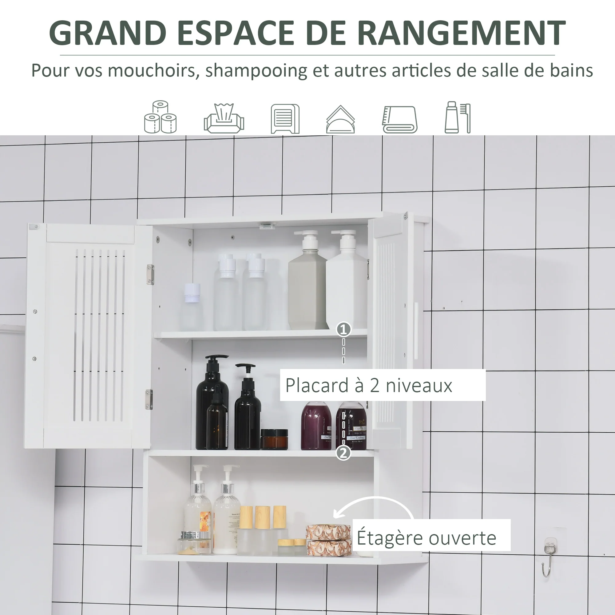 Armoire murale, meuble haut salle de bain avec étagère réglable, double porte et étagère ouverte, meuble de salle de bain, meuble de rangement suspendu, 60 x 20 x 70 cm, blanc - Image 6