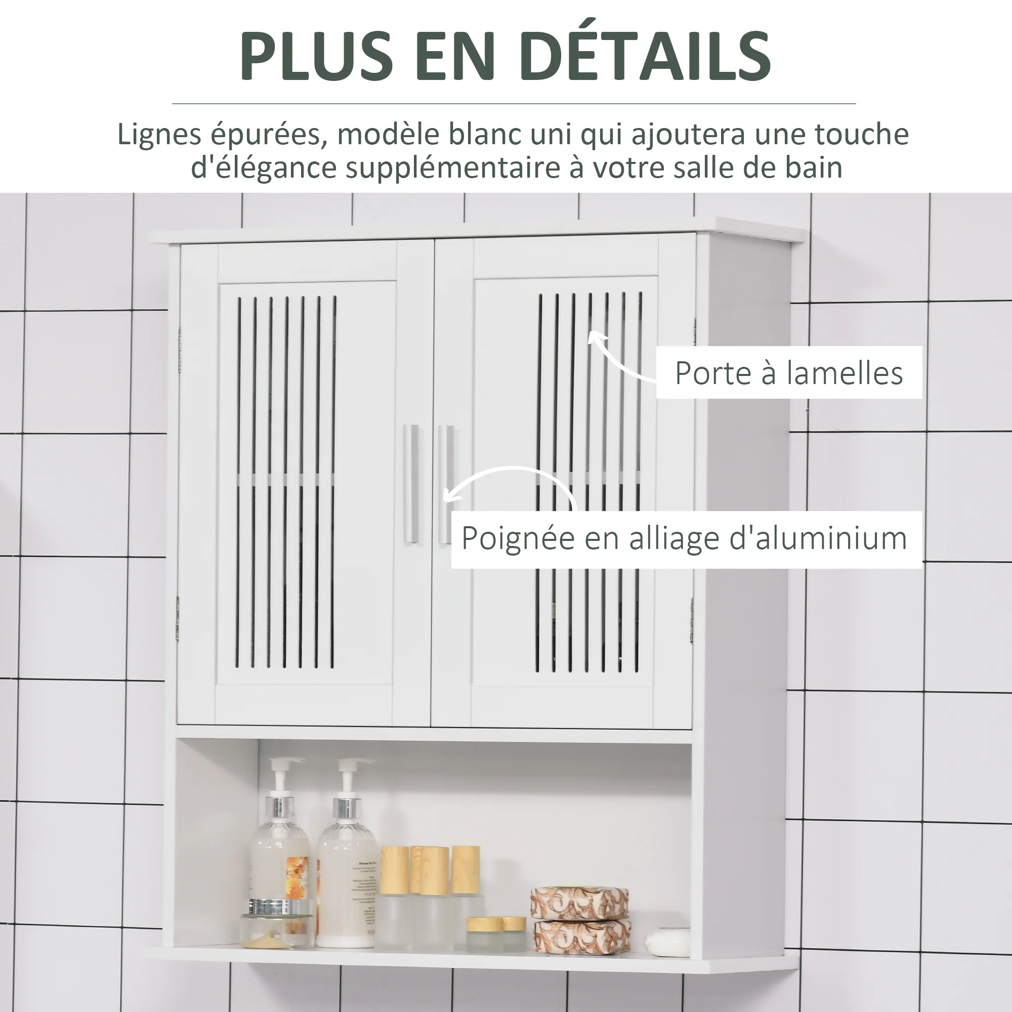 Armoire murale, meuble haut salle de bain avec étagère réglable, double porte et étagère ouverte, meuble de salle de bain, meuble de rangement suspendu, 60 x 20 x 70 cm, blanc - Image 7