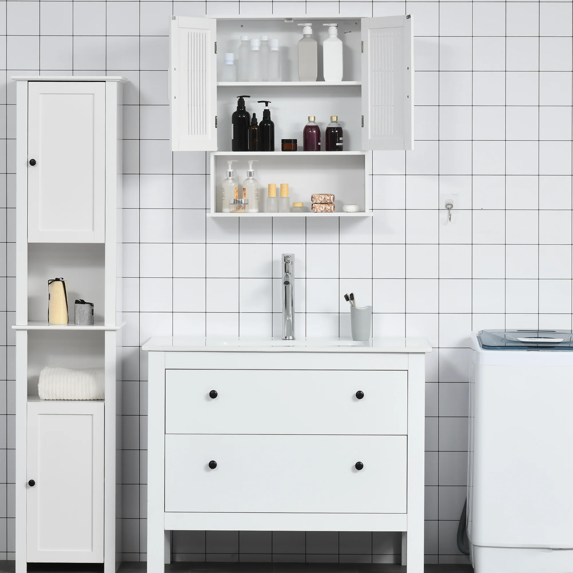 Armoire murale, meuble haut salle de bain avec étagère réglable, double porte et étagère ouverte, meuble de salle de bain, meuble de rangement suspendu, 60 x 20 x 70 cm, blanc - Image 8