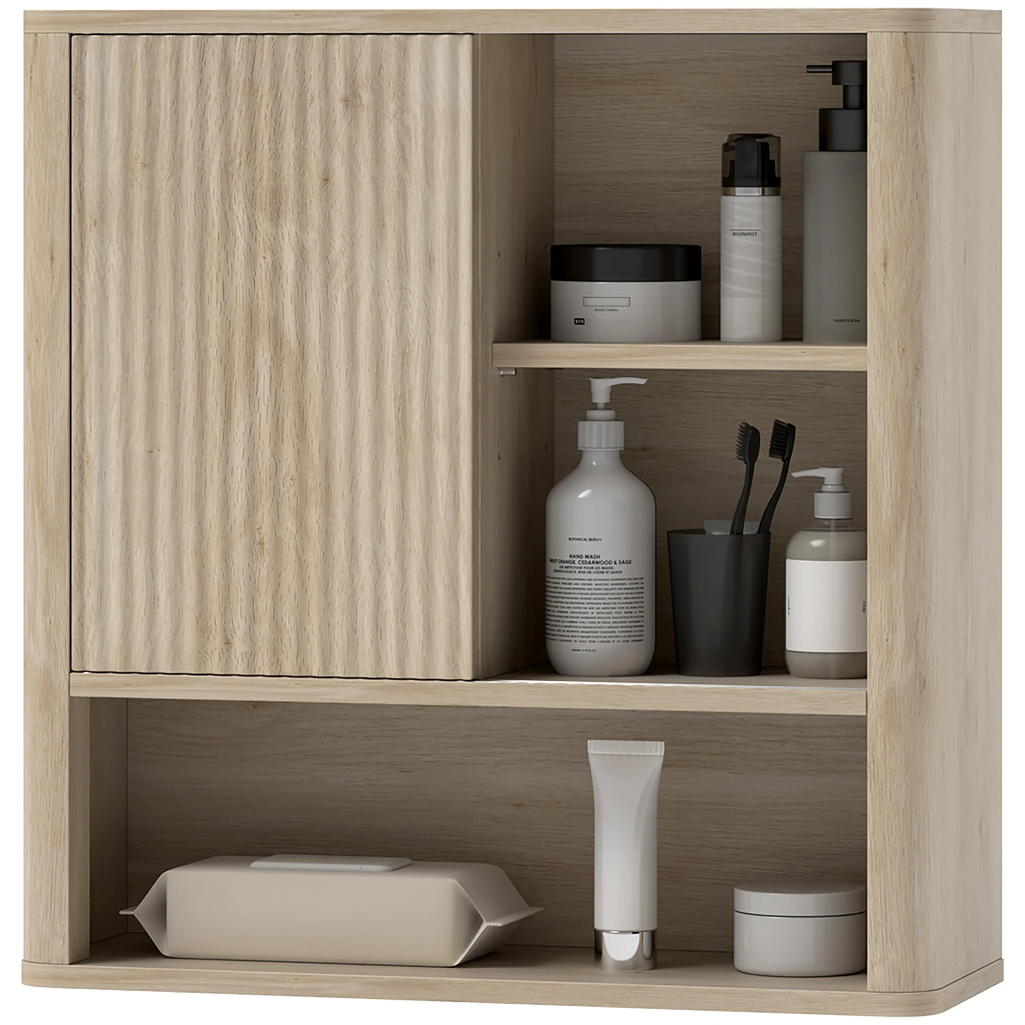Armoire murale, meuble haut salle de bain avec étagères réglables, porte coulissante et étagères ouvertes, meuble de rangement suspendu, 60 x 20 x 62 cm, bois naturel