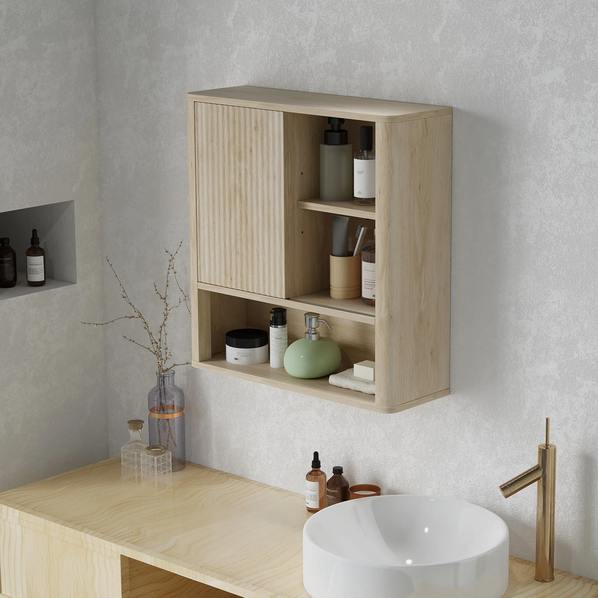 Armoire murale, meuble haut salle de bain avec étagères réglables, porte coulissante et étagères ouvertes, meuble de rangement suspendu, 60 x 20 x 62 cm, bois naturel - Image 10