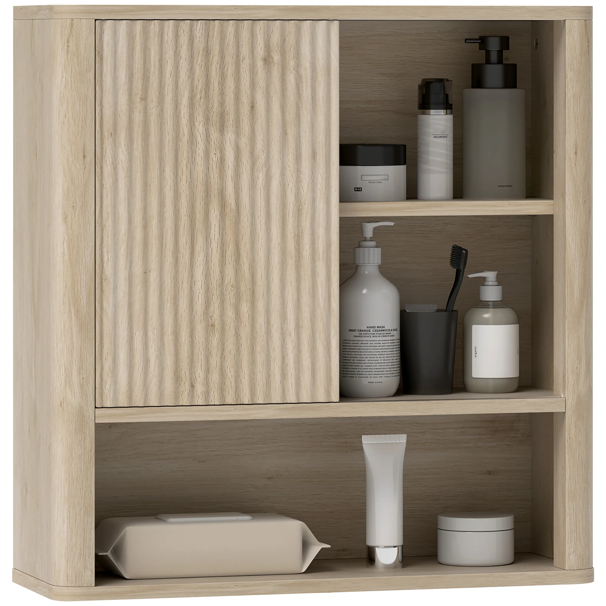 Armoire murale, meuble haut salle de bain avec étagères réglables, porte coulissante et étagères ouvertes, meuble de rangement suspendu, 60 x 20 x 62 cm, bois naturel - Image 11