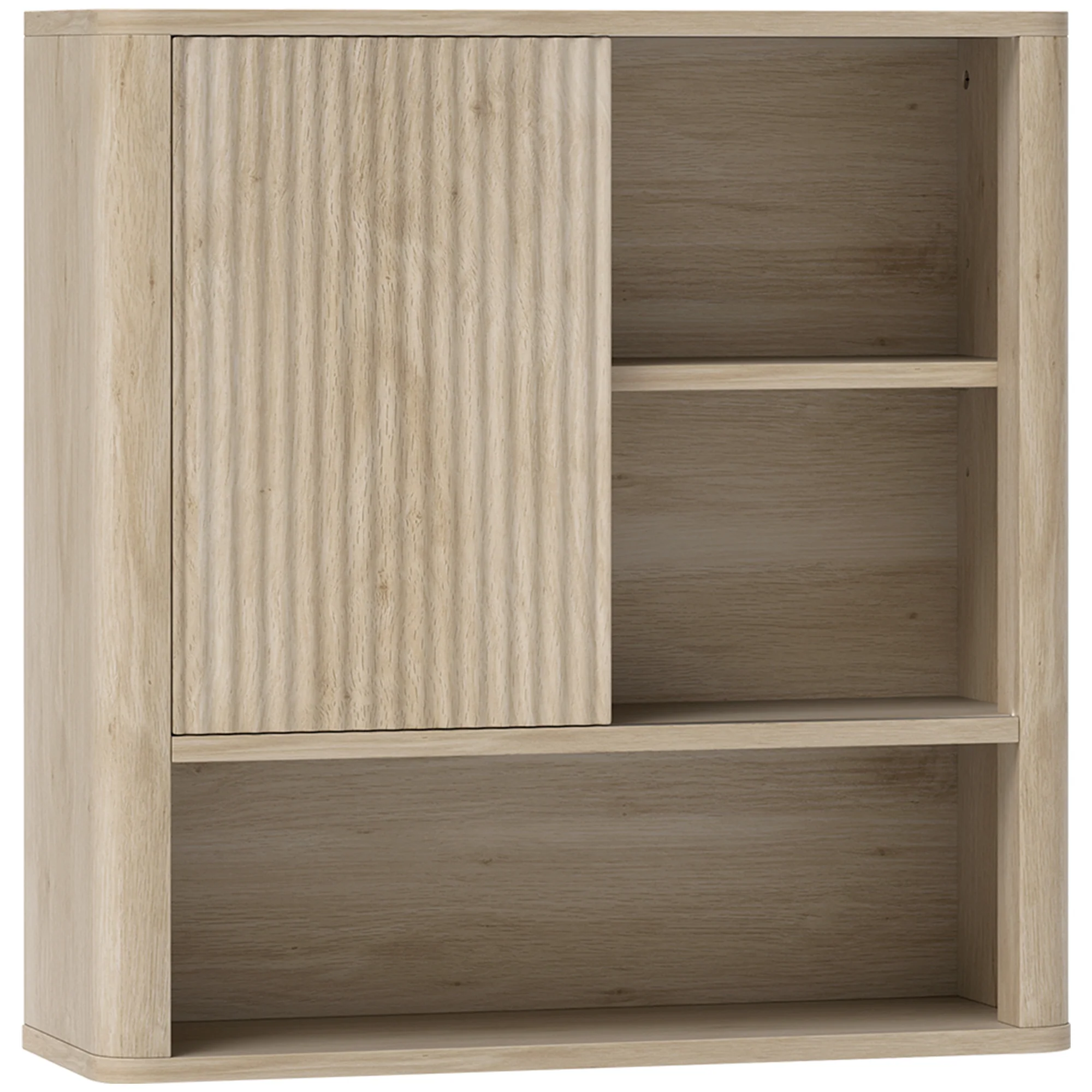 Armoire murale, meuble haut salle de bain avec étagères réglables, porte coulissante et étagères ouvertes, meuble de rangement suspendu, 60 x 20 x 62 cm, bois naturel - Image 2
