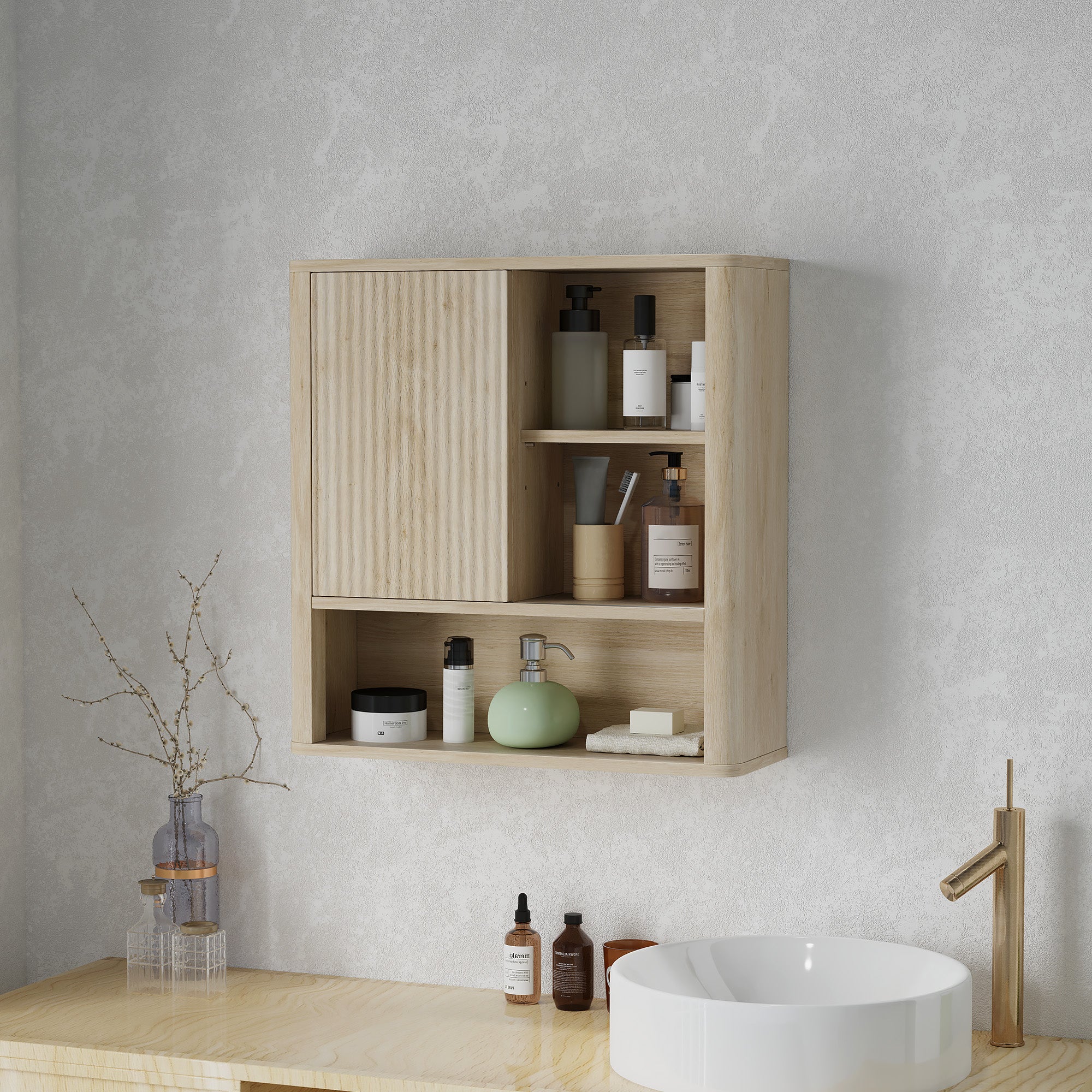 Armoire murale, meuble haut salle de bain avec étagères réglables, porte coulissante et étagères ouvertes, meuble de rangement suspendu, 60 x 20 x 62 cm, bois naturel - Image 3