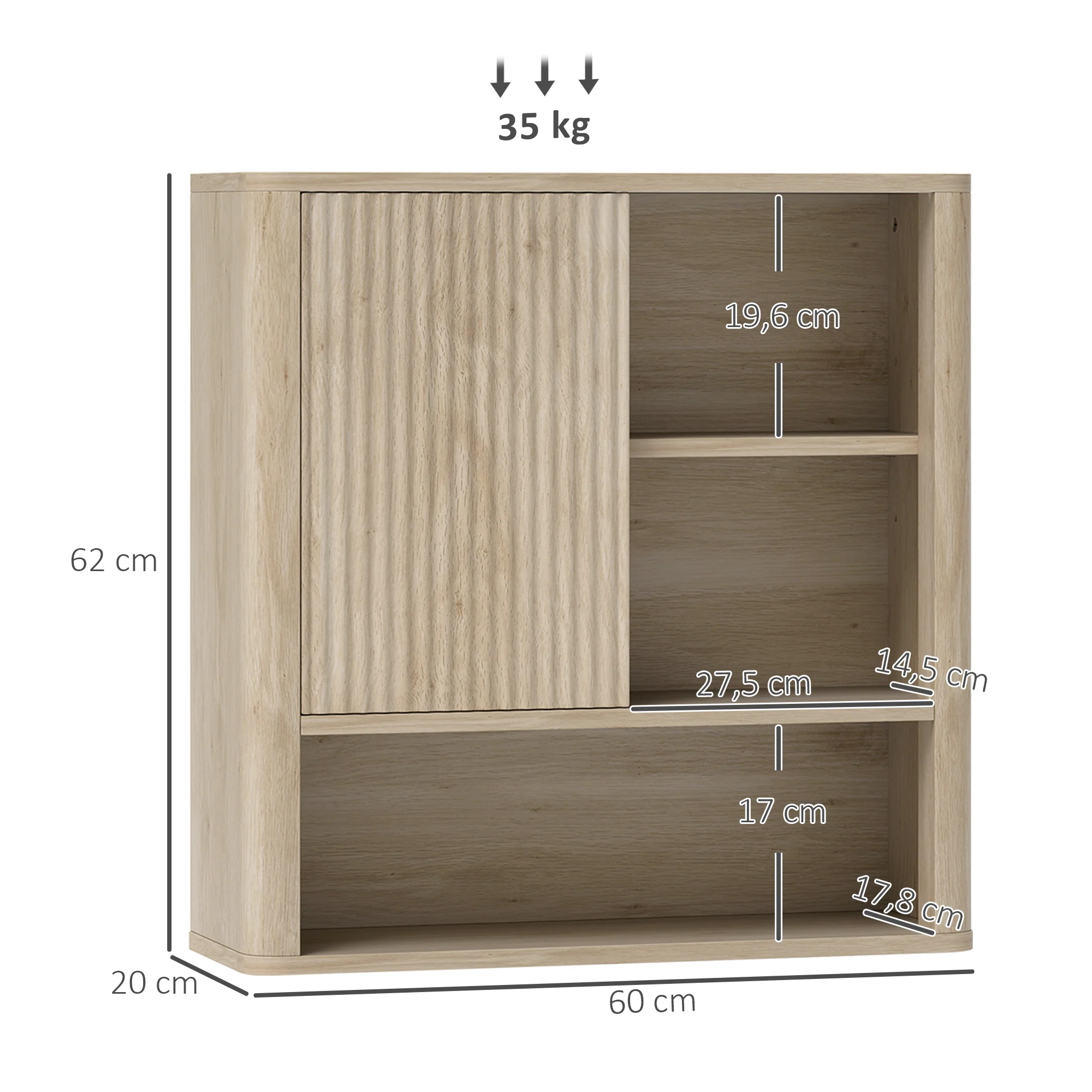 Armoire murale, meuble haut salle de bain avec étagères réglables, porte coulissante et étagères ouvertes, meuble de rangement suspendu, 60 x 20 x 62 cm, bois naturel - Image 4