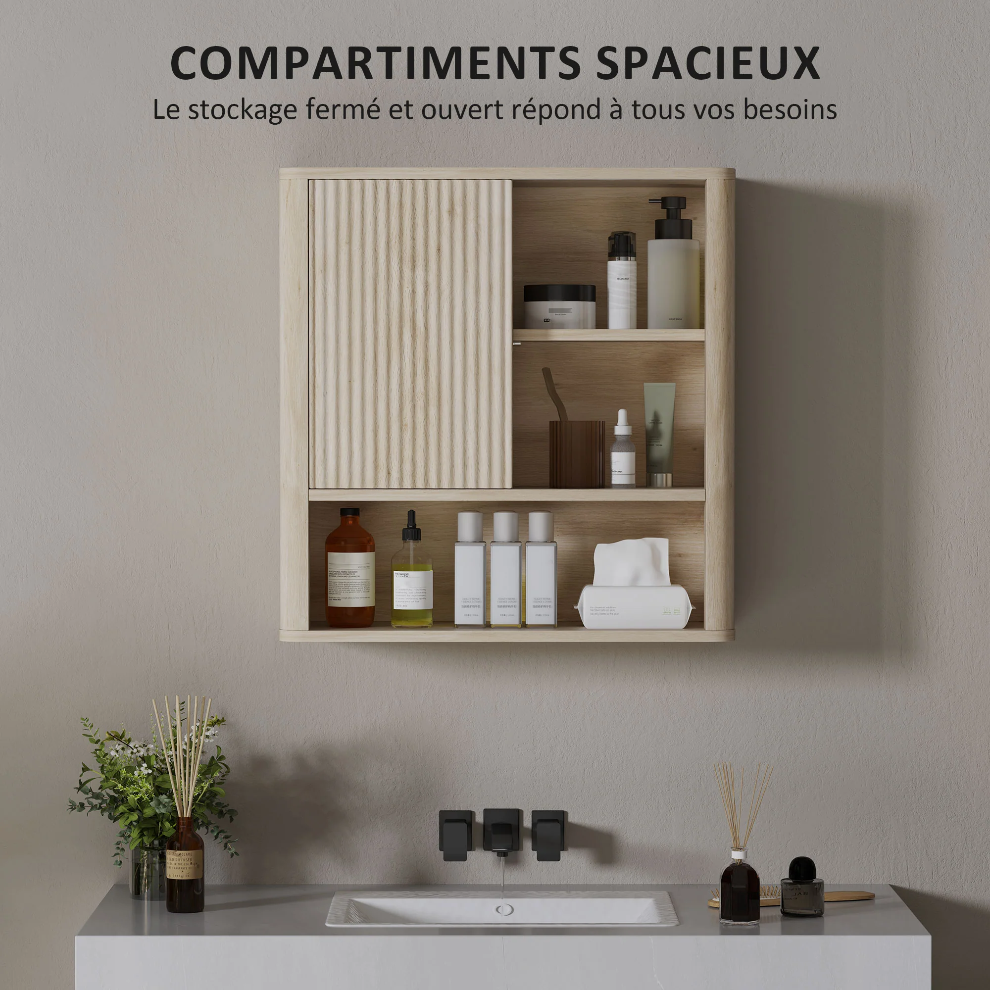 Armoire murale, meuble haut salle de bain avec étagères réglables, porte coulissante et étagères ouvertes, meuble de rangement suspendu, 60 x 20 x 62 cm, bois naturel - Image 5