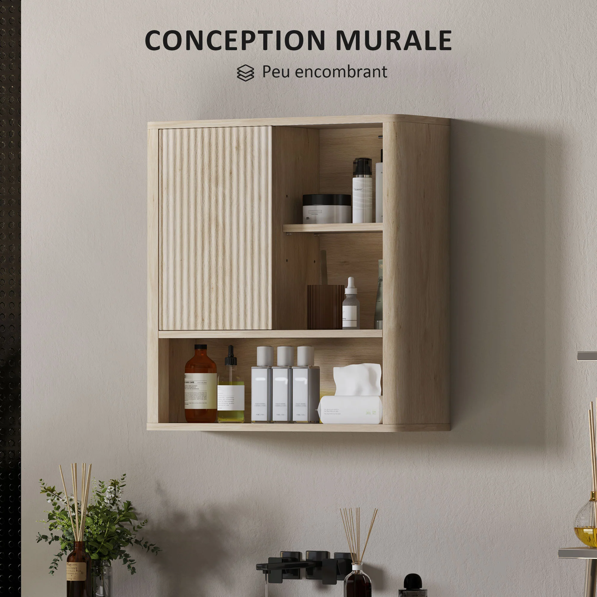 Armoire murale, meuble haut salle de bain avec étagères réglables, porte coulissante et étagères ouvertes, meuble de rangement suspendu, 60 x 20 x 62 cm, bois naturel - Image 6