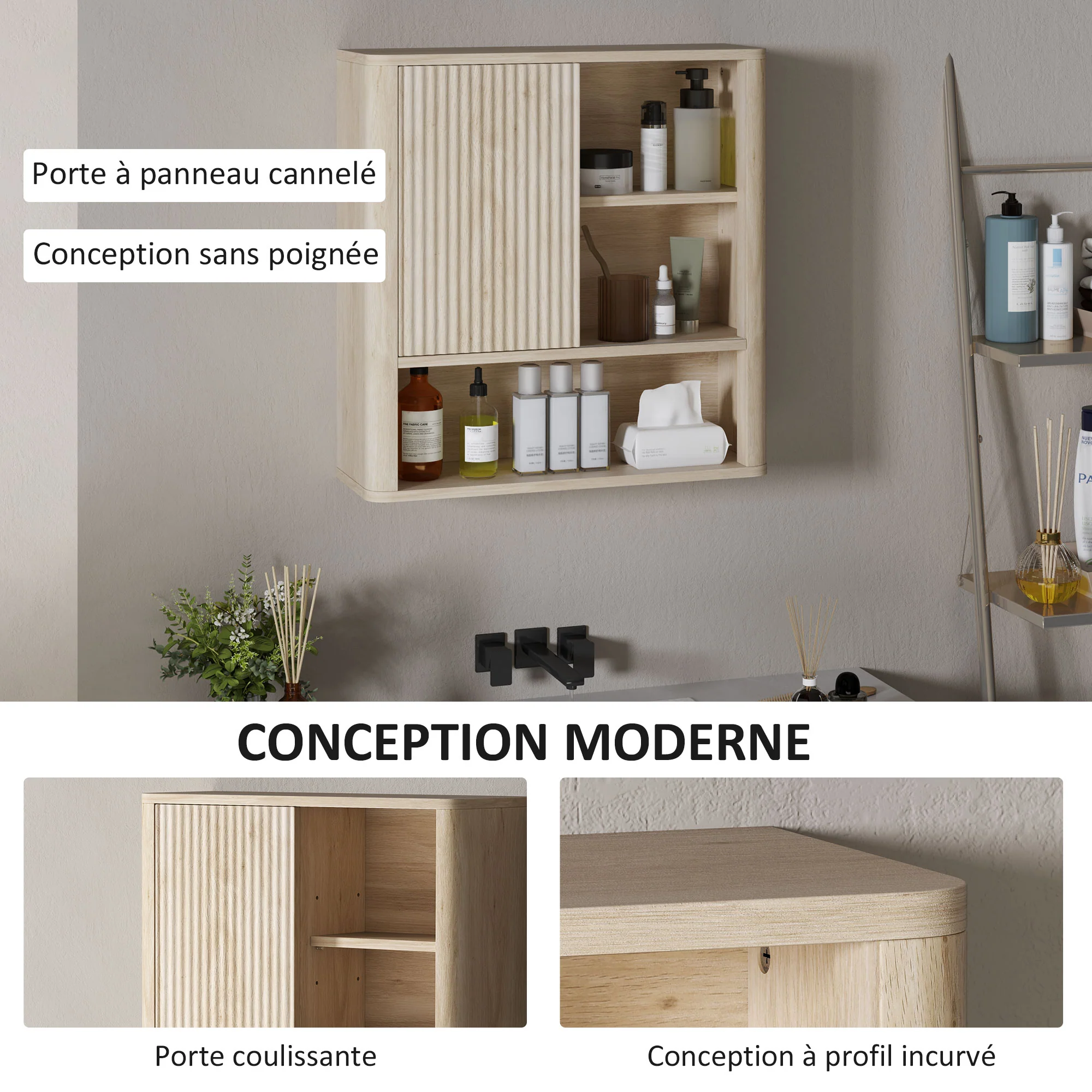 Armoire murale, meuble haut salle de bain avec étagères réglables, porte coulissante et étagères ouvertes, meuble de rangement suspendu, 60 x 20 x 62 cm, bois naturel - Image 7