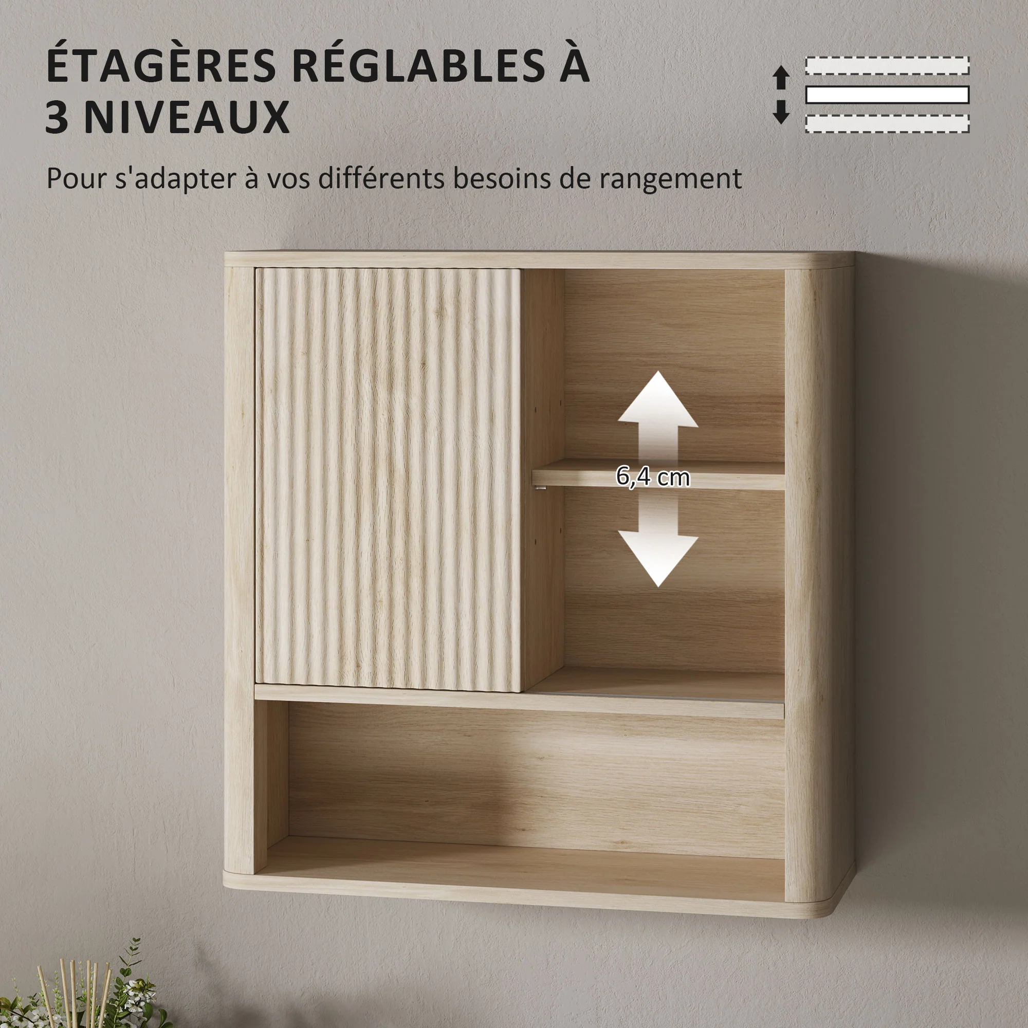 Armoire murale, meuble haut salle de bain avec étagères réglables, porte coulissante et étagères ouvertes, meuble de rangement suspendu, 60 x 20 x 62 cm, bois naturel - Image 8