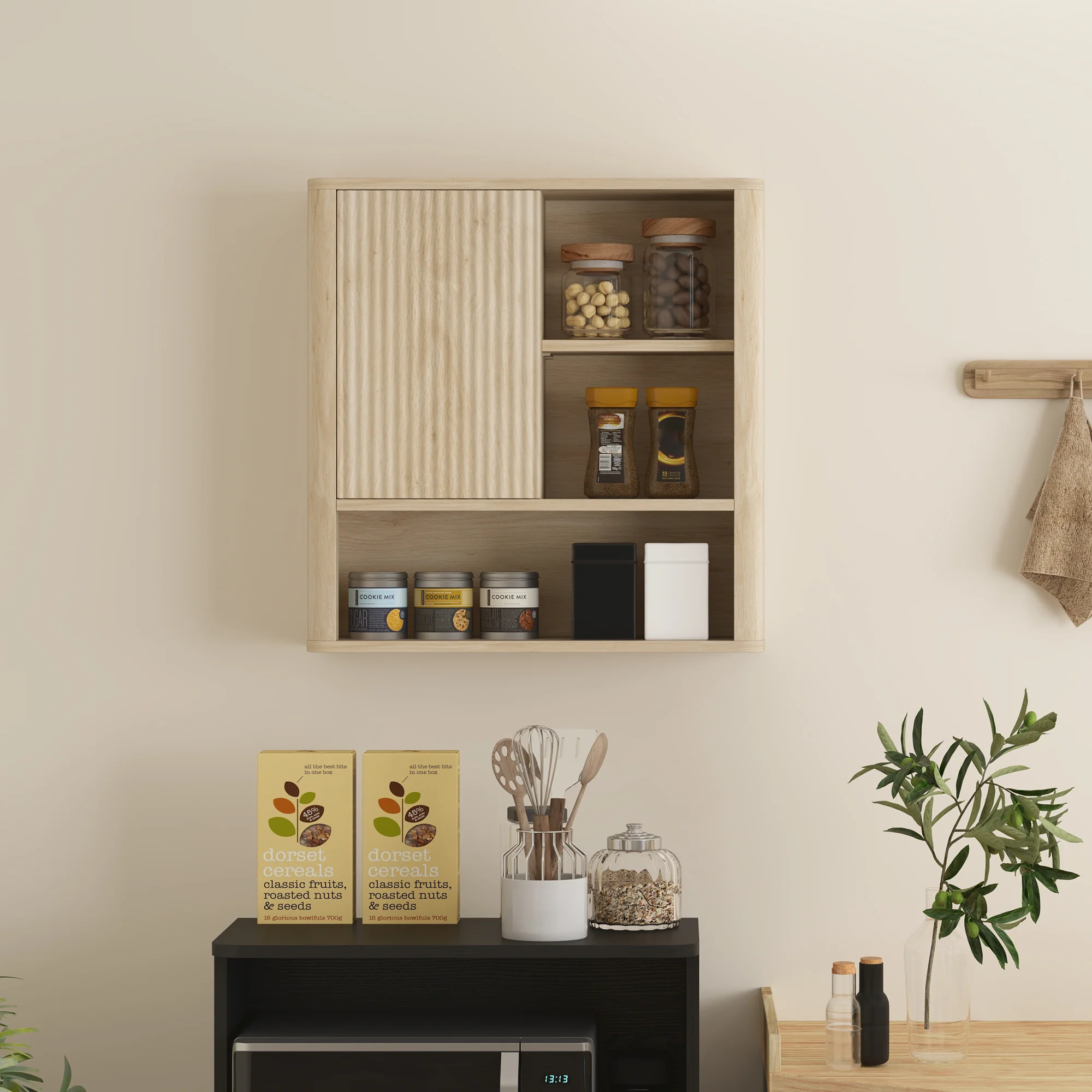Armoire murale, meuble haut salle de bain avec étagères réglables, porte coulissante et étagères ouvertes, meuble de rangement suspendu, 60 x 20 x 62 cm, bois naturel - Image 9