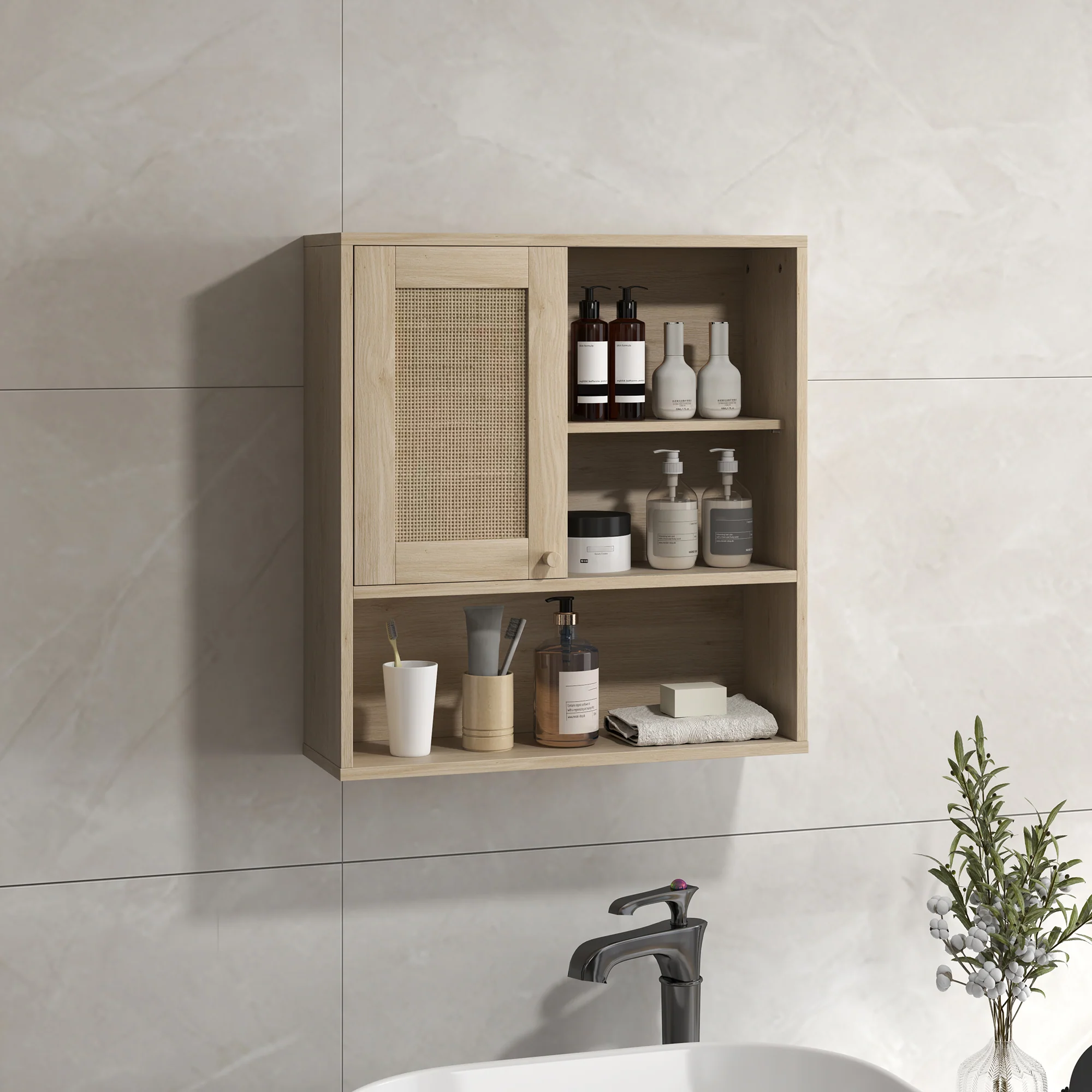 Armoire murale, meuble haut salle de bain avec porte coulissante en rotin et étagères ouvertes, meuble de salle de bain style bohème, meuble de rangement suspendu, 60 x 20 x 65 cm, bois naturel - Image 10