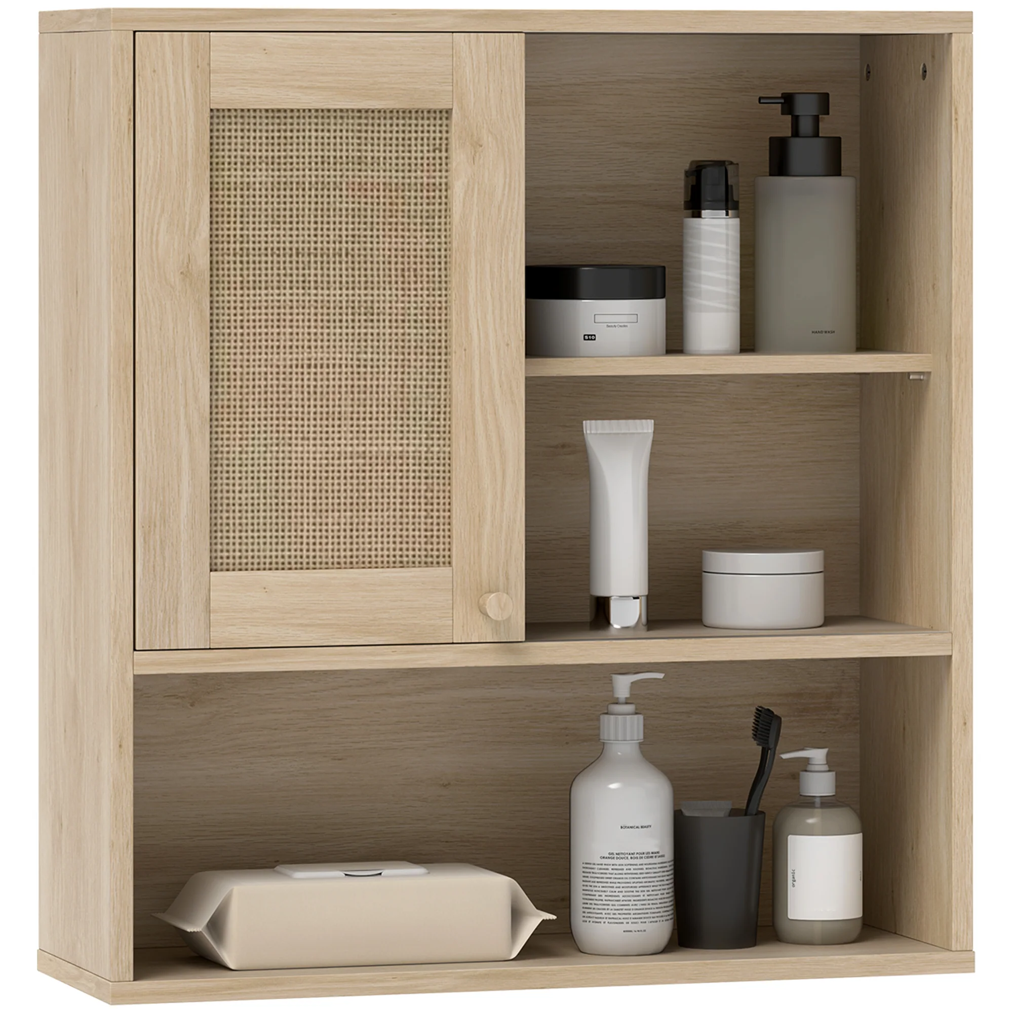 Armoire murale, meuble haut salle de bain avec porte coulissante en rotin et étagères ouvertes, meuble de salle de bain style bohème, meuble de rangement suspendu, 60 x 20 x 65 cm, bois naturel - Image 11