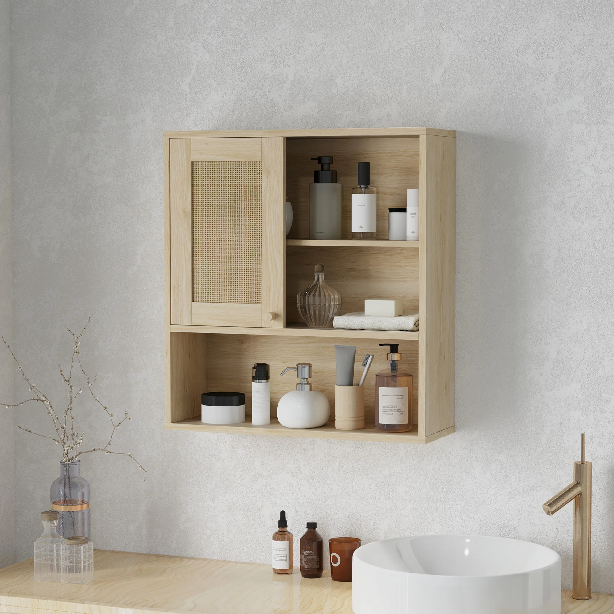 Armoire murale, meuble haut salle de bain avec porte coulissante en rotin et étagères ouvertes, meuble de salle de bain style bohème, meuble de rangement suspendu, 60 x 20 x 65 cm, bois naturel - Image 3