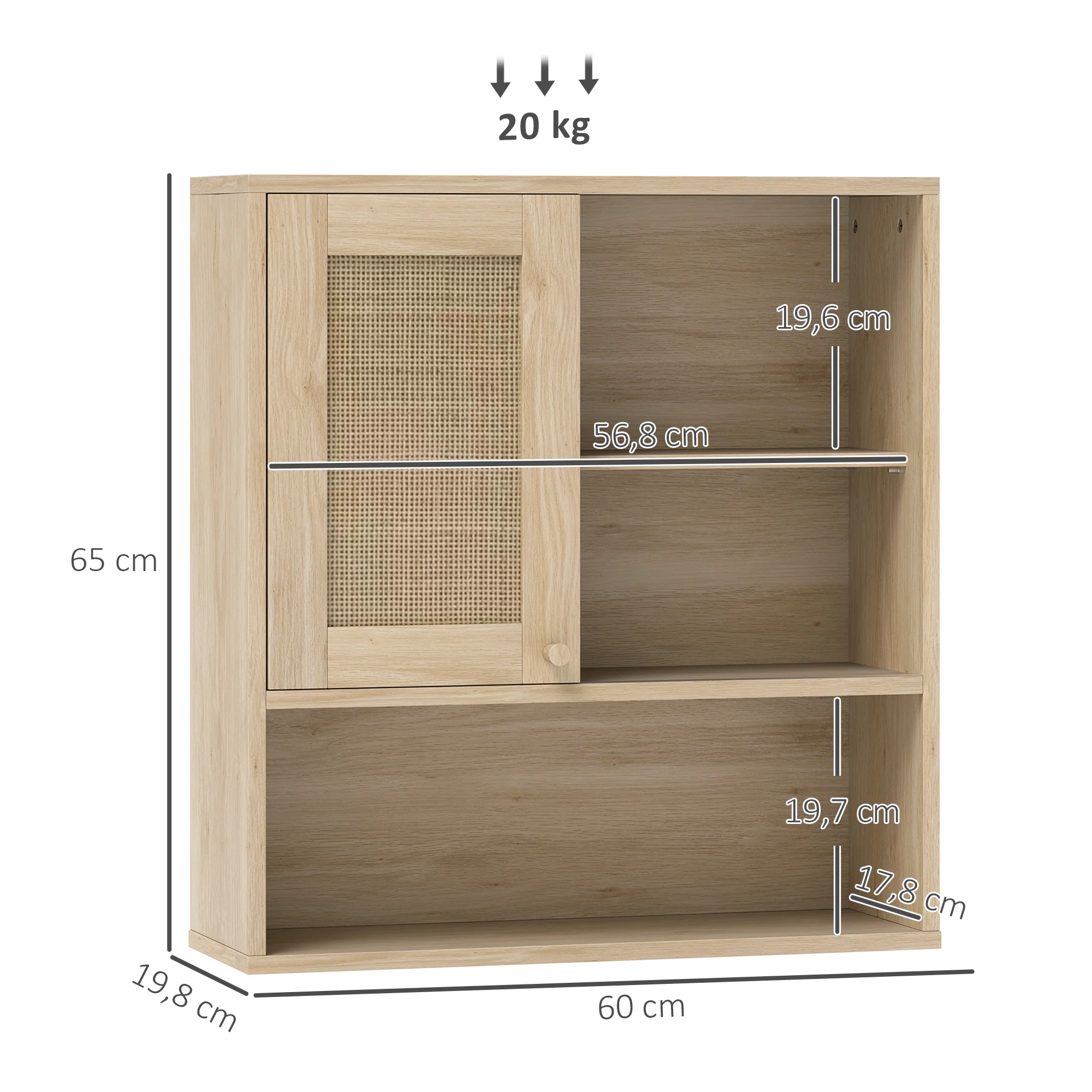 Armoire murale, meuble haut salle de bain avec porte coulissante en rotin et étagères ouvertes, meuble de salle de bain style bohème, meuble de rangement suspendu, 60 x 20 x 65 cm, bois naturel - Image 4
