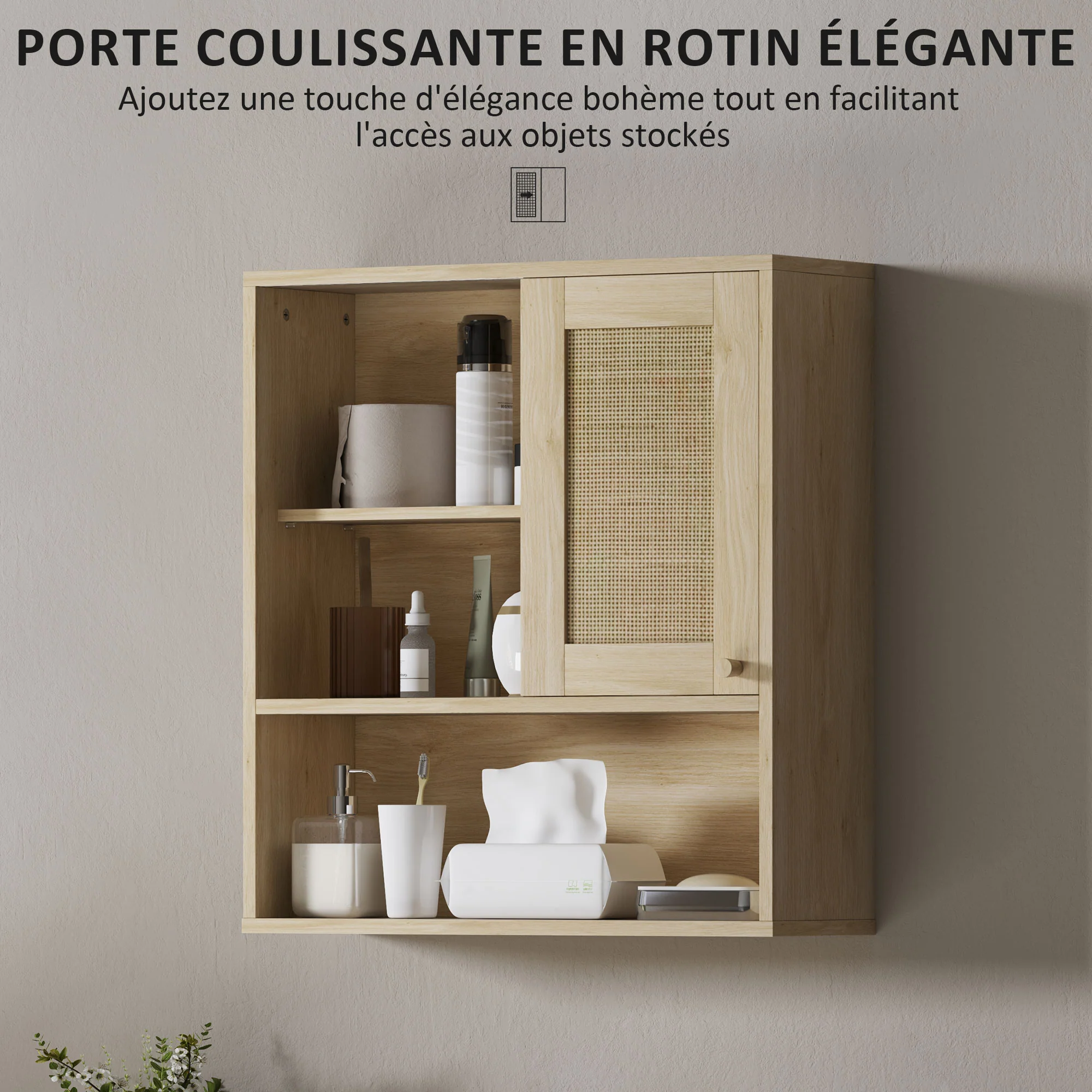 Armoire murale, meuble haut salle de bain avec porte coulissante en rotin et étagères ouvertes, meuble de salle de bain style bohème, meuble de rangement suspendu, 60 x 20 x 65 cm, bois naturel - Image 5