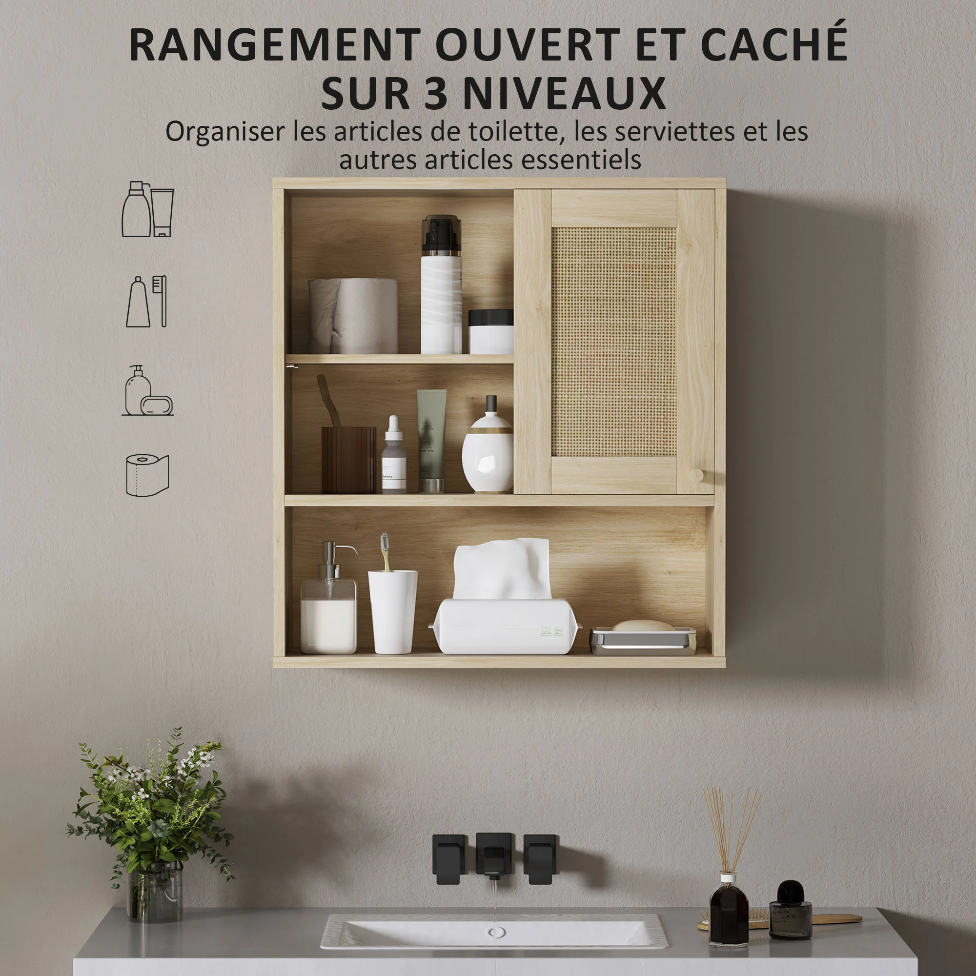Armoire murale, meuble haut salle de bain avec porte coulissante en rotin et étagères ouvertes, meuble de salle de bain style bohème, meuble de rangement suspendu, 60 x 20 x 65 cm, bois naturel - Image 6