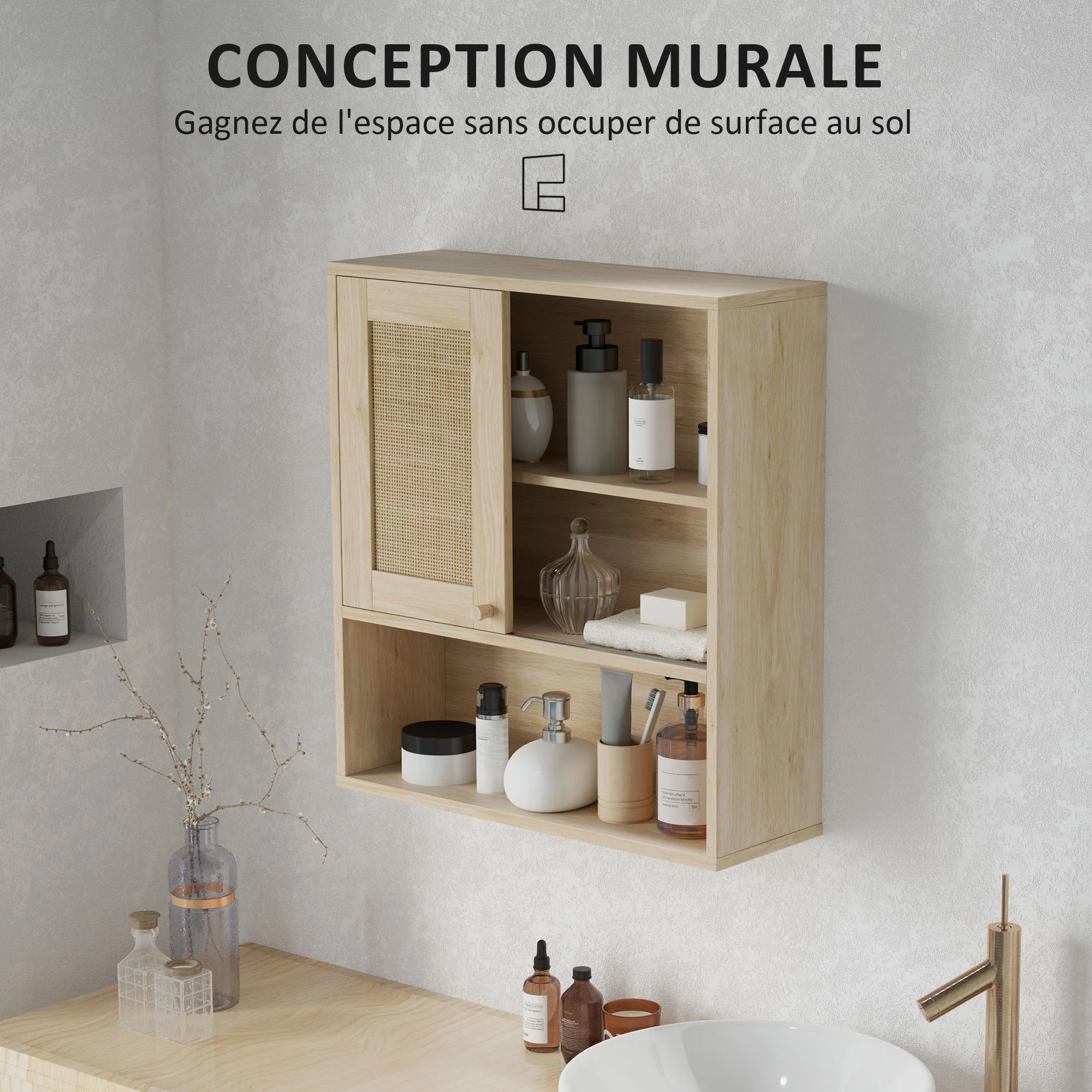 Armoire murale, meuble haut salle de bain avec porte coulissante en rotin et étagères ouvertes, meuble de salle de bain style bohème, meuble de rangement suspendu, 60 x 20 x 65 cm, bois naturel - Image 7