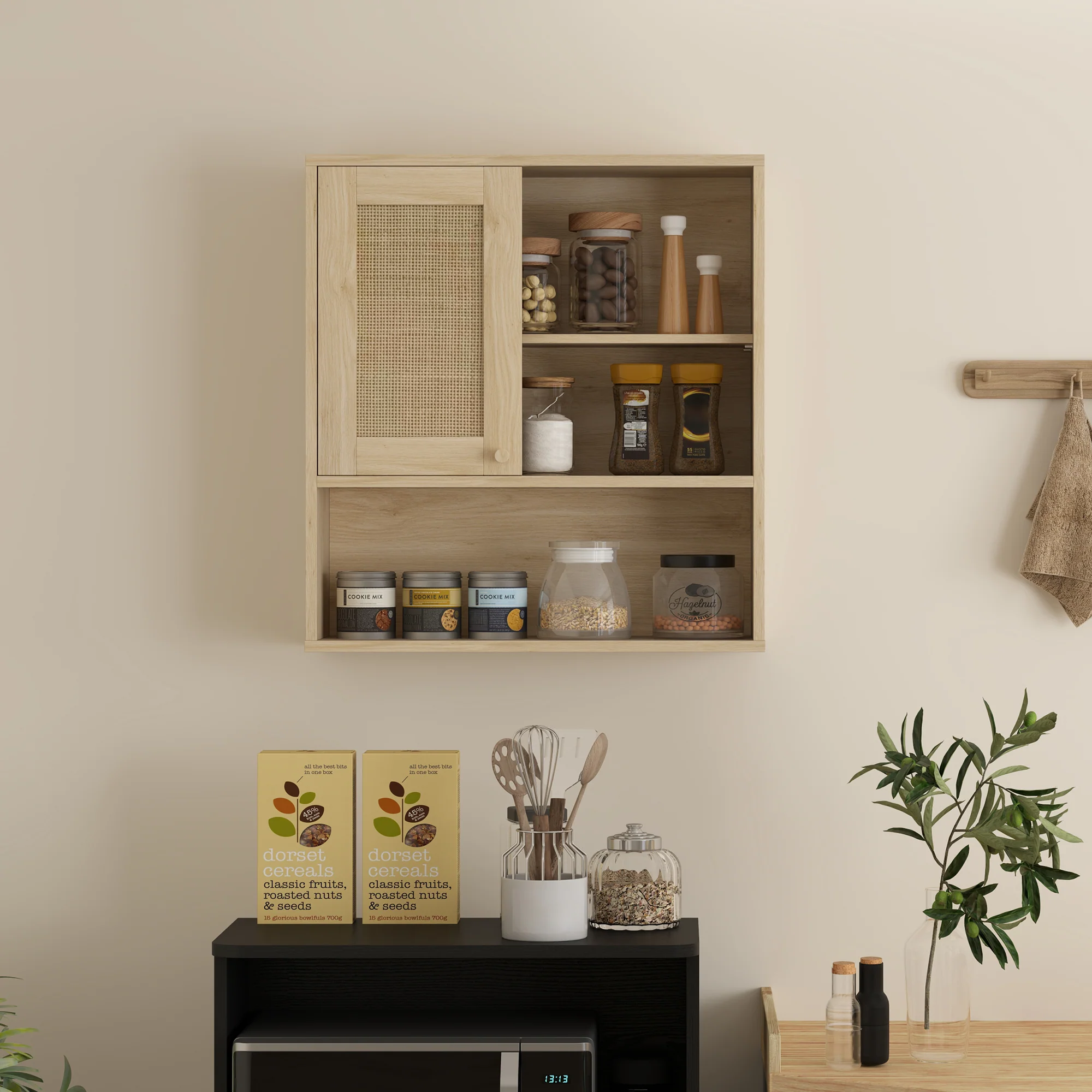 Armoire murale, meuble haut salle de bain avec porte coulissante en rotin et étagères ouvertes, meuble de salle de bain style bohème, meuble de rangement suspendu, 60 x 20 x 65 cm, bois naturel - Image 8