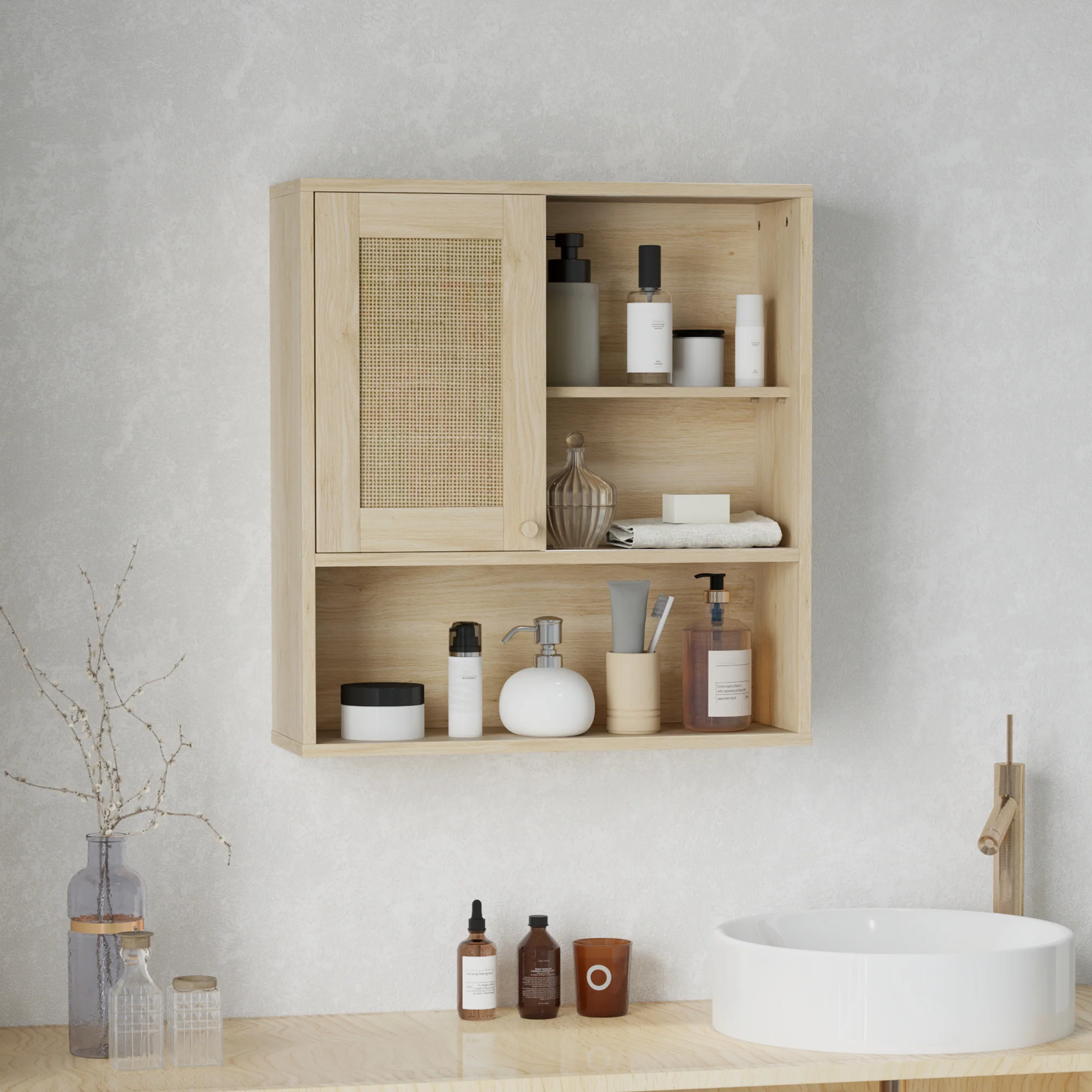 Armoire murale, meuble haut salle de bain avec porte coulissante en rotin et étagères ouvertes, meuble de salle de bain style bohème, meuble de rangement suspendu, 60 x 20 x 65 cm, bois naturel - Image 9