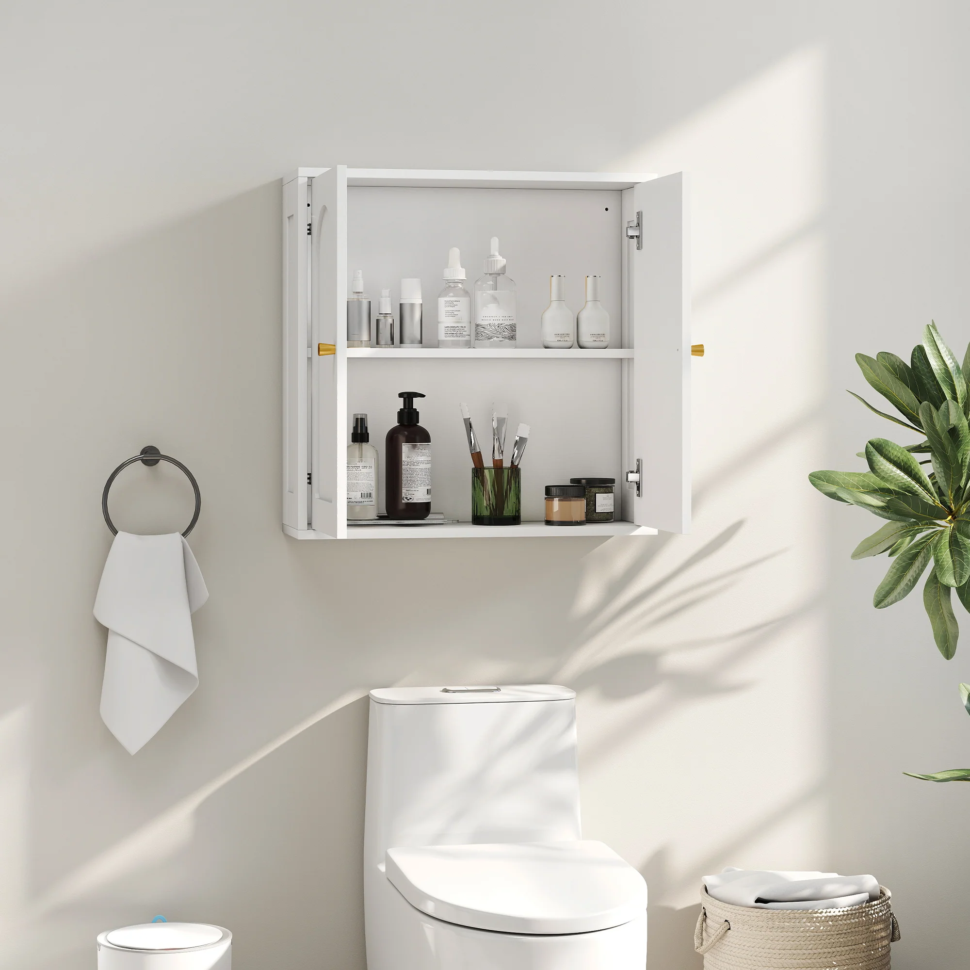 Armoire murale, meuble haut salle de bain style moderne avec placard à double porte et poignées dorées, meuble de salle de bain suspendu, 60 x 20 x 60 cm, blanc - Image 3