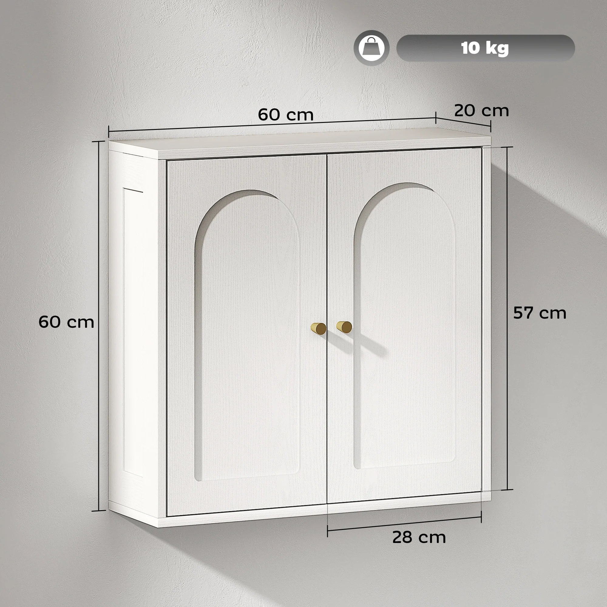 Armoire murale, meuble haut salle de bain style moderne avec placard à double porte et poignées dorées, meuble de salle de bain suspendu, 60 x 20 x 60 cm, blanc - Image 4