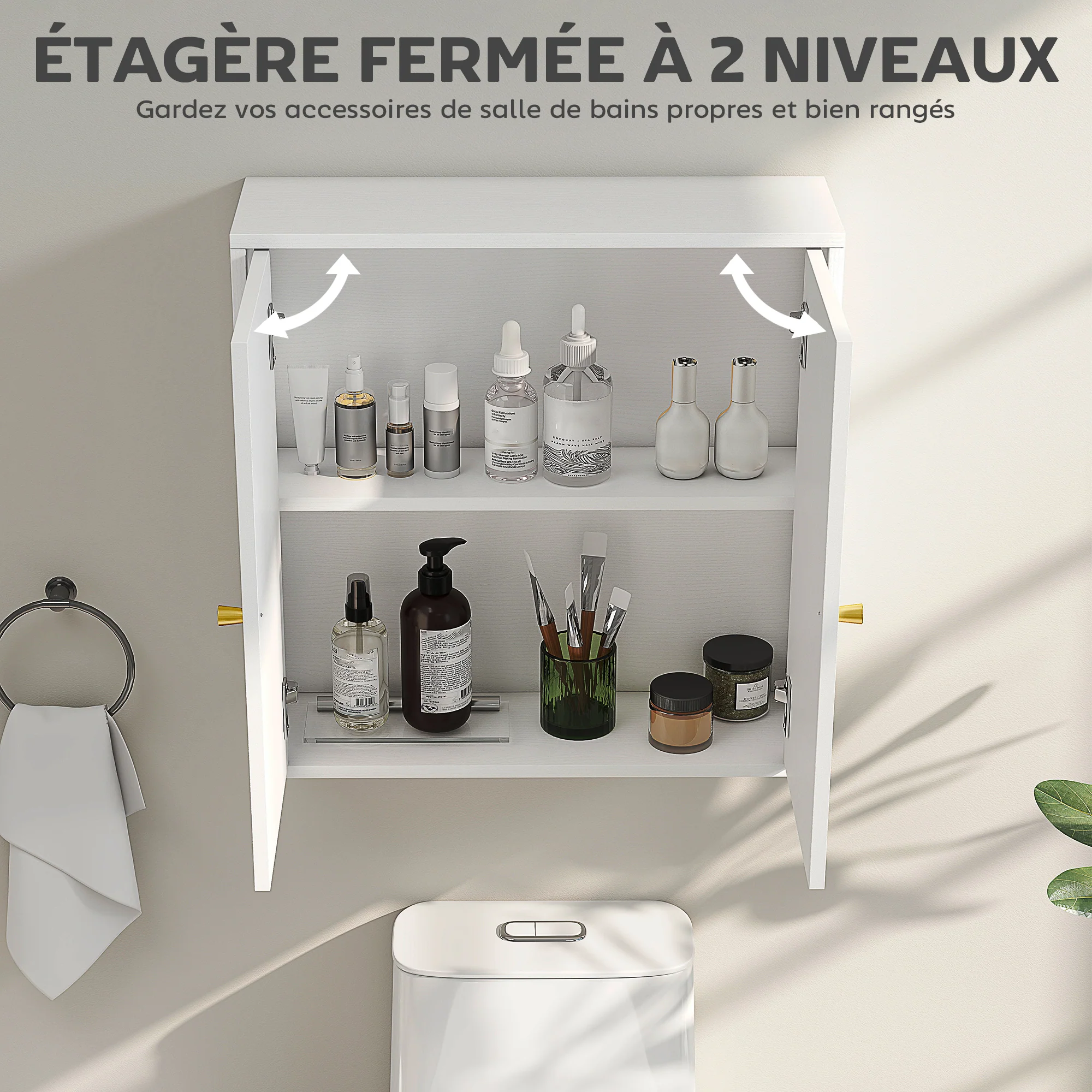 Armoire murale, meuble haut salle de bain style moderne avec placard à double porte et poignées dorées, meuble de salle de bain suspendu, 60 x 20 x 60 cm, blanc - Image 5