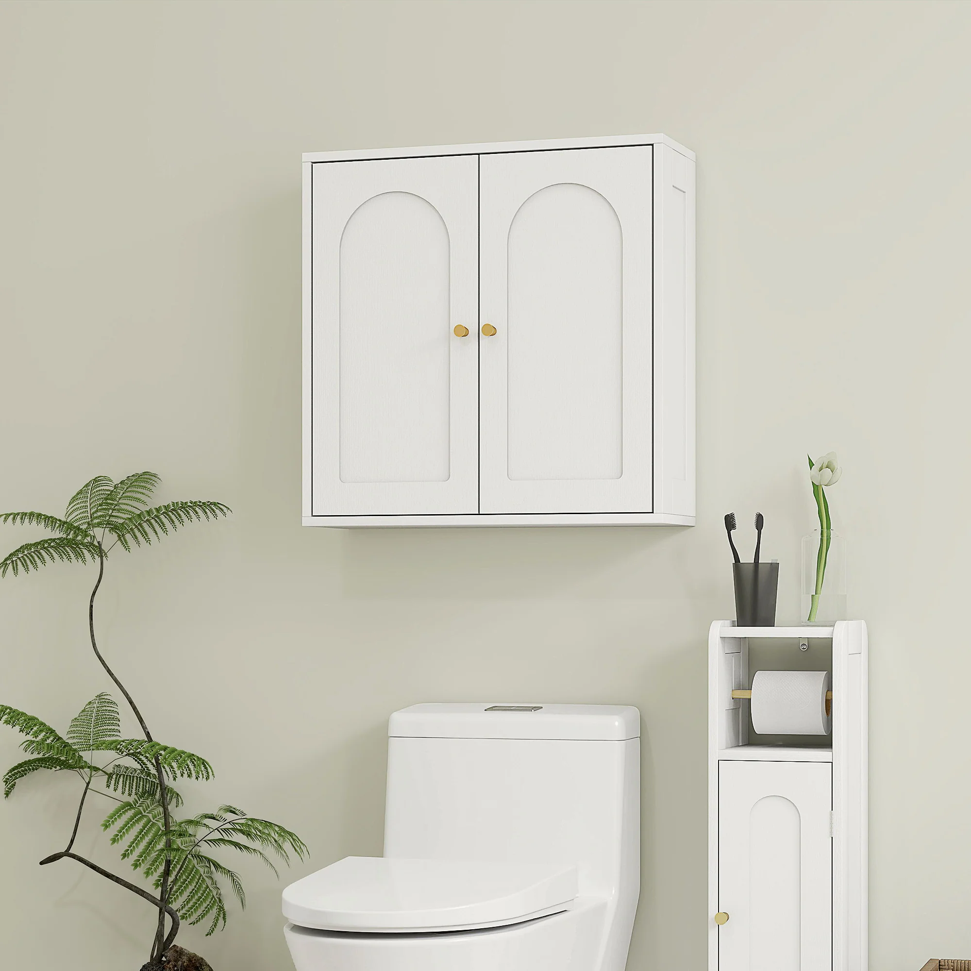 Armoire murale, meuble haut salle de bain style moderne avec placard à double porte et poignées dorées, meuble de salle de bain suspendu, 60 x 20 x 60 cm, blanc - Image 7