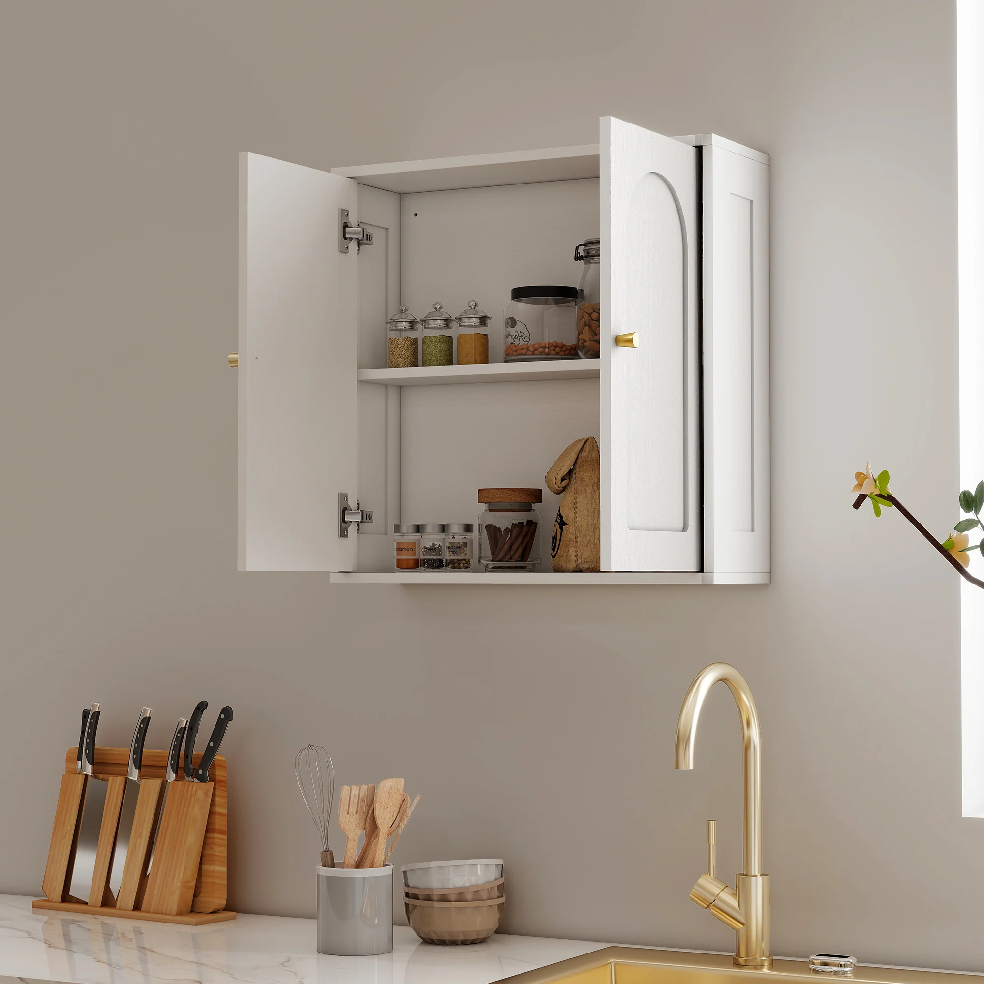 Armoire murale, meuble haut salle de bain style moderne avec placard à double porte et poignées dorées, meuble de salle de bain suspendu, 60 x 20 x 60 cm, blanc - Image 8