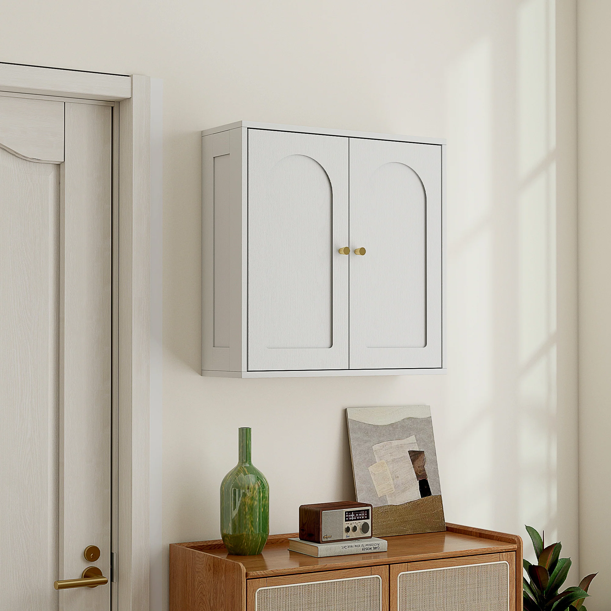 Armoire murale, meuble haut salle de bain style moderne avec placard à double porte et poignées dorées, meuble de salle de bain suspendu, 60 x 20 x 60 cm, blanc - Image 9
