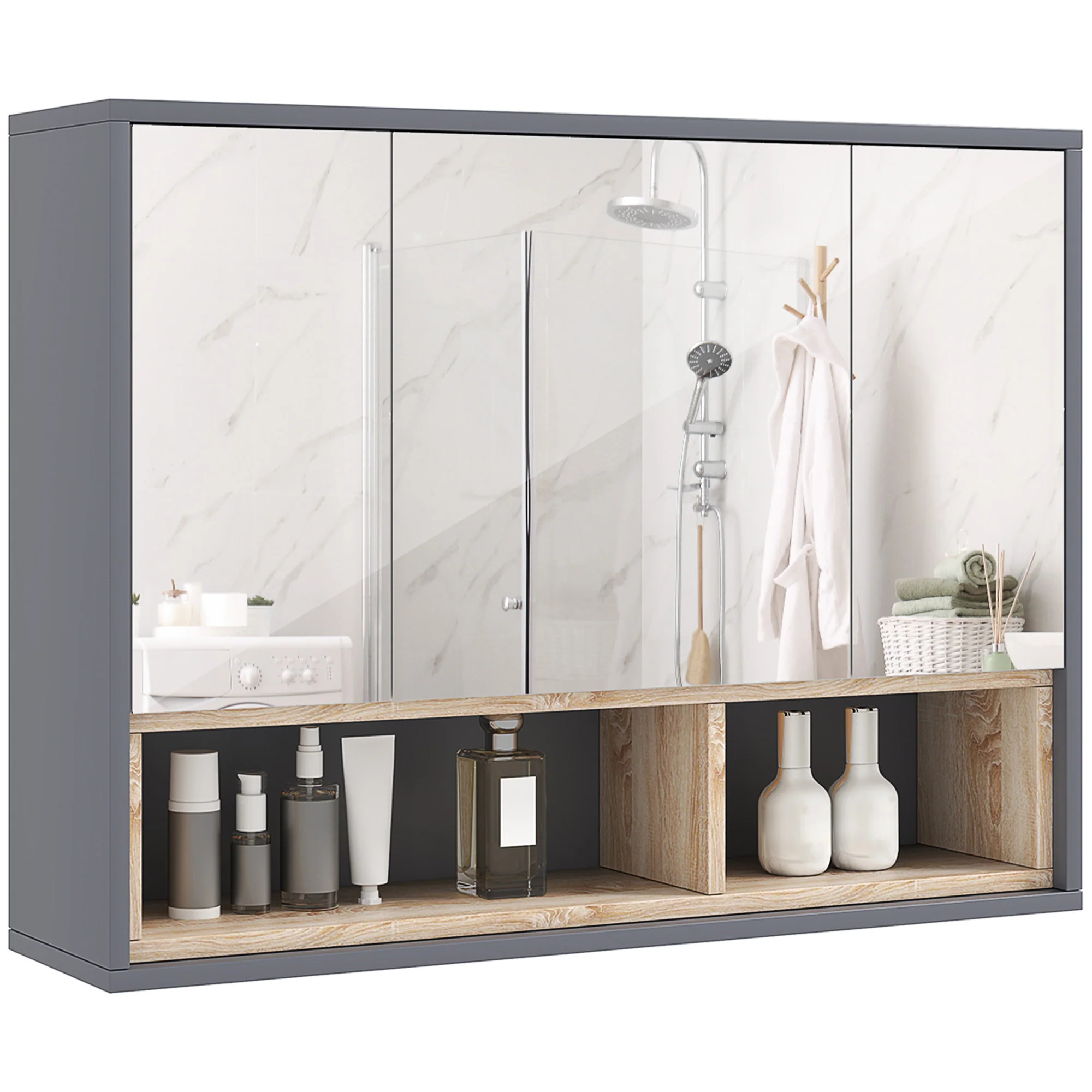 Armoire Murale, meuble salle de bain avec miroir armoire suspendue, miroir salle de bain avec rangement, placards à 3 portes et 8 compartiments, dim. 80L x 20l x 60H cm, gris - Image 11