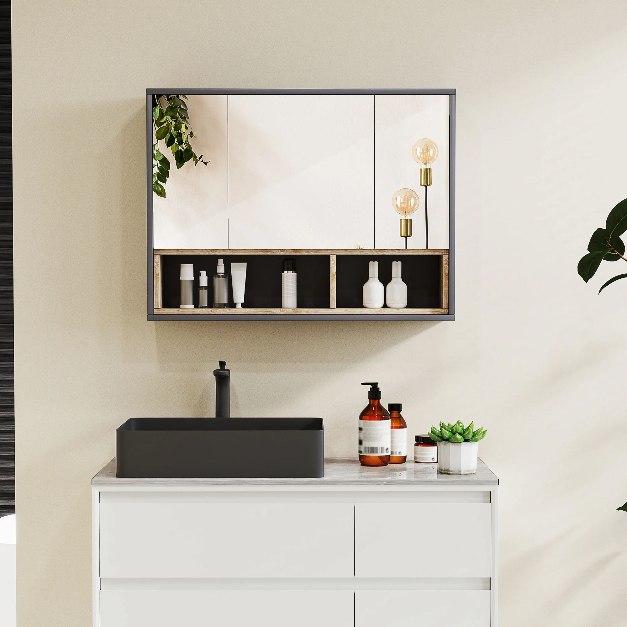 Armoire Murale, meuble salle de bain avec miroir armoire suspendue, miroir salle de bain avec rangement, placards à 3 portes et 8 compartiments, dim. 80L x 20l x 60H cm, gris - Image 3