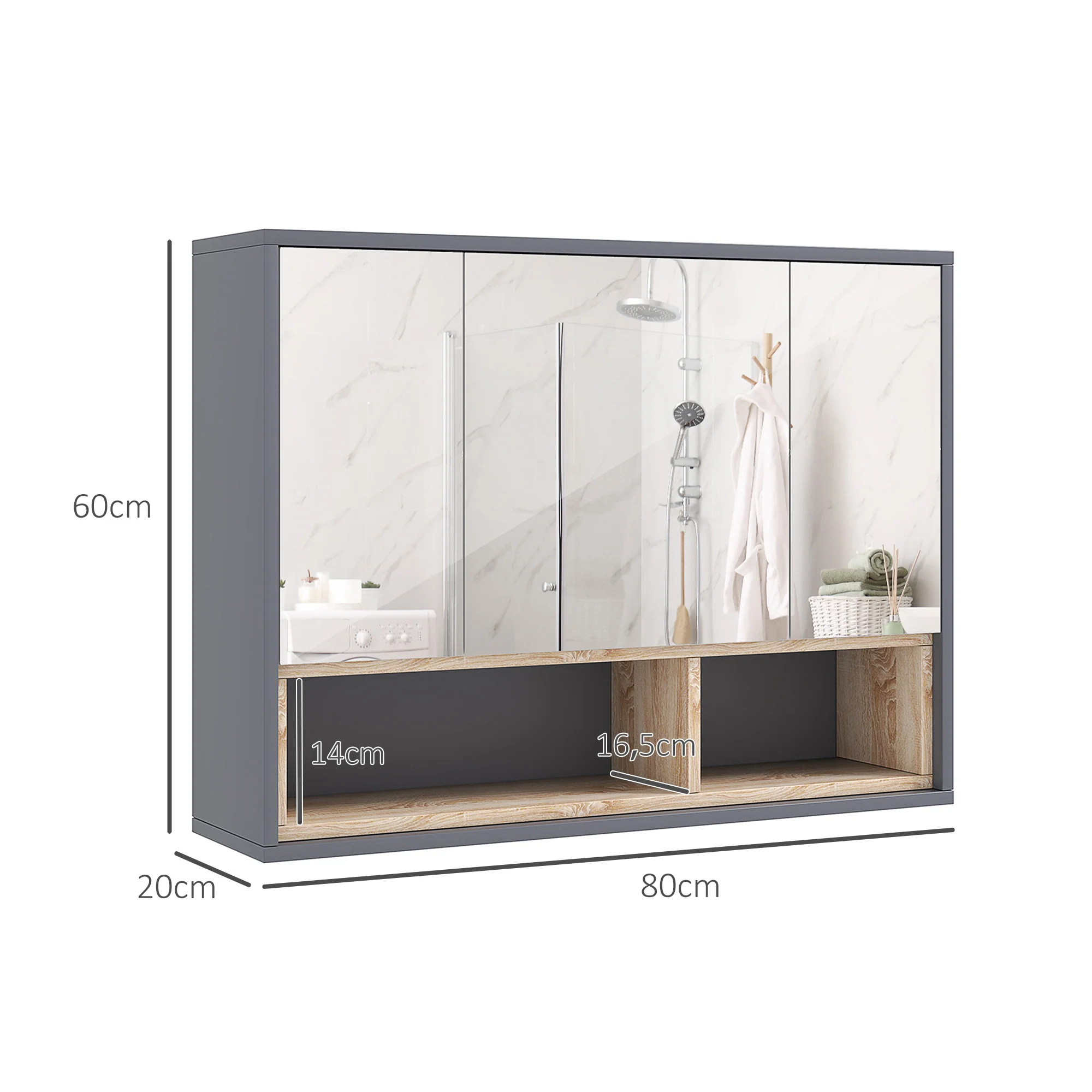 Armoire Murale, meuble salle de bain avec miroir armoire suspendue, miroir salle de bain avec rangement, placards à 3 portes et 8 compartiments, dim. 80L x 20l x 60H cm, gris - Image 4