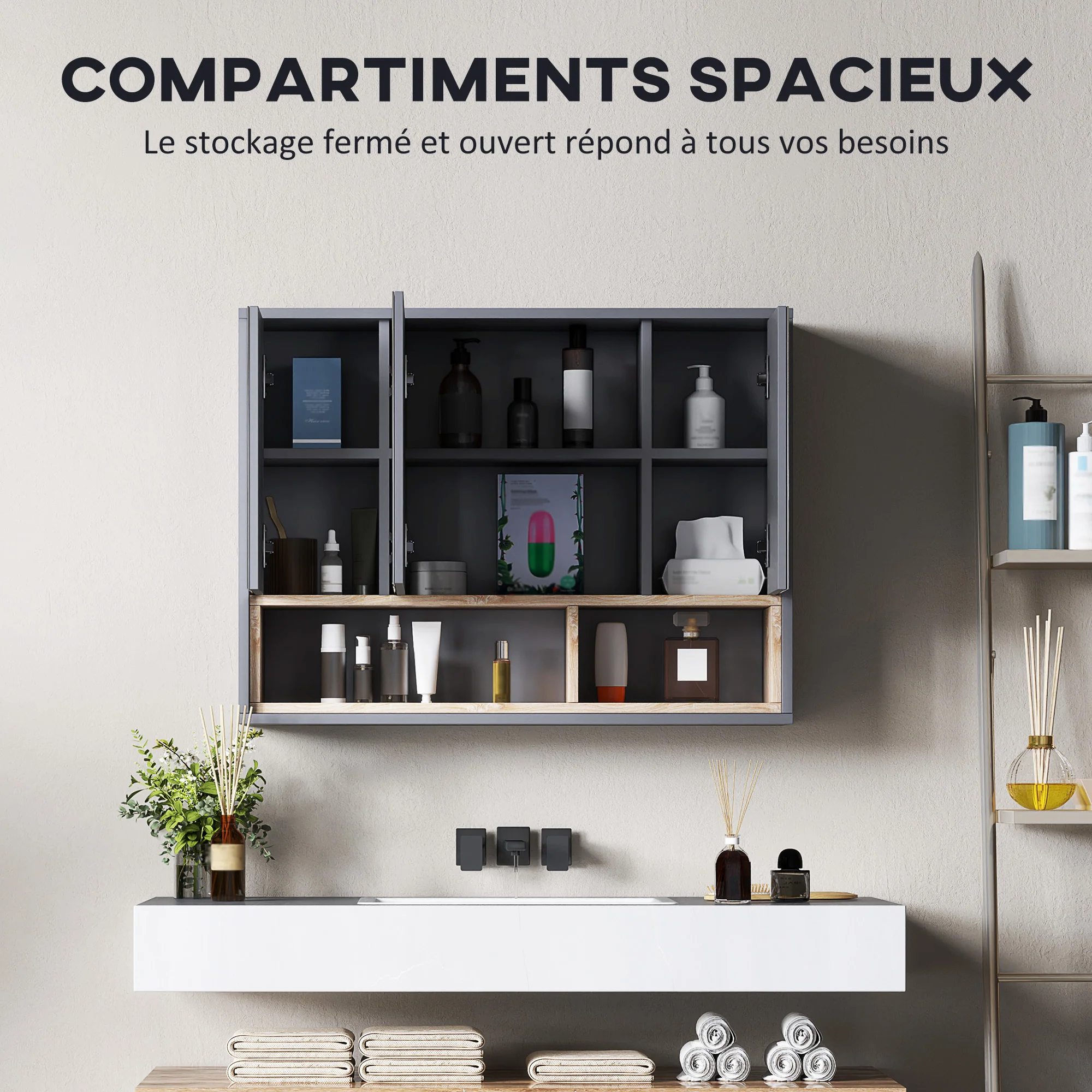 Armoire Murale, meuble salle de bain avec miroir armoire suspendue, miroir salle de bain avec rangement, placards à 3 portes et 8 compartiments, dim. 80L x 20l x 60H cm, gris - Image 5