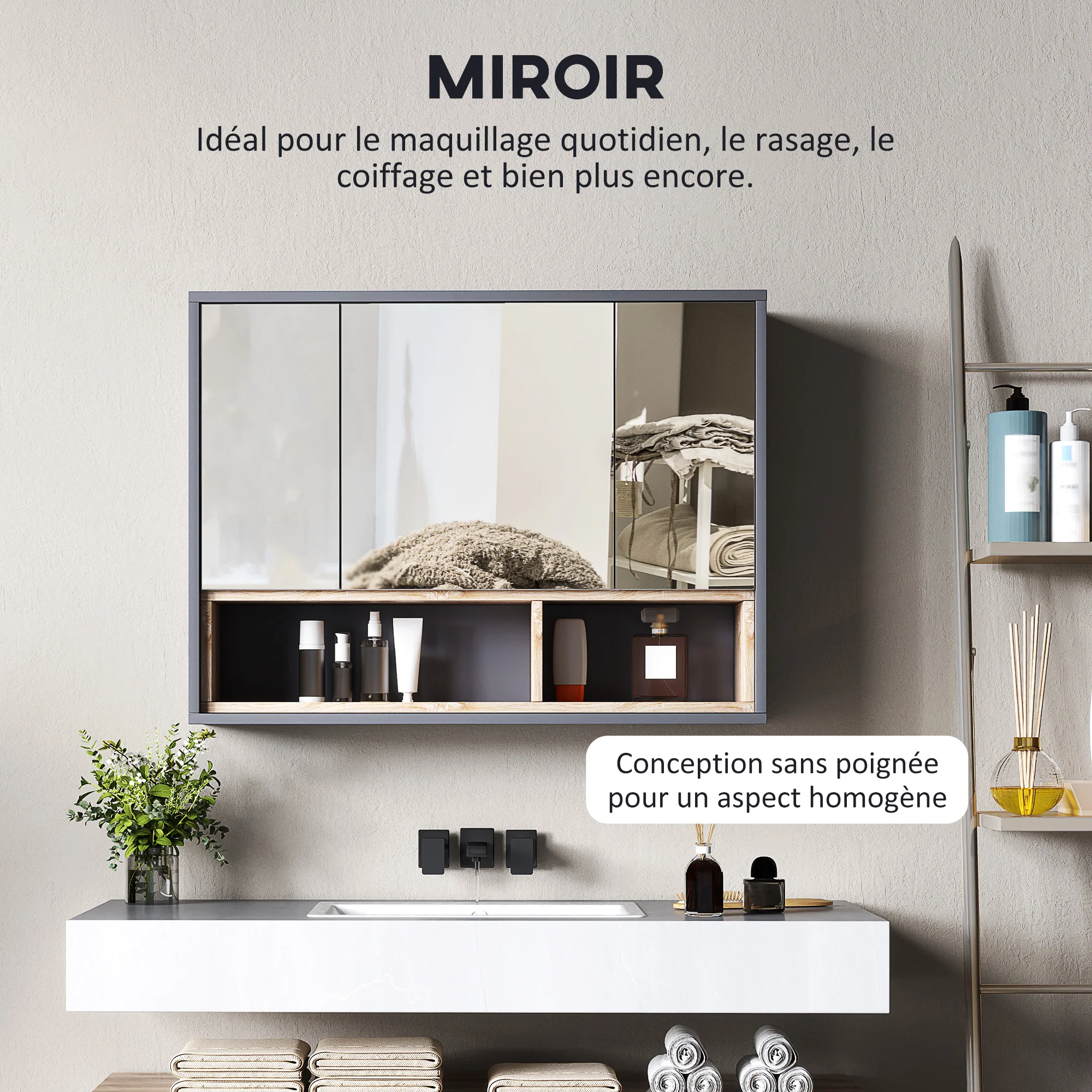 Armoire Murale, meuble salle de bain avec miroir armoire suspendue, miroir salle de bain avec rangement, placards à 3 portes et 8 compartiments, dim. 80L x 20l x 60H cm, gris - Image 6