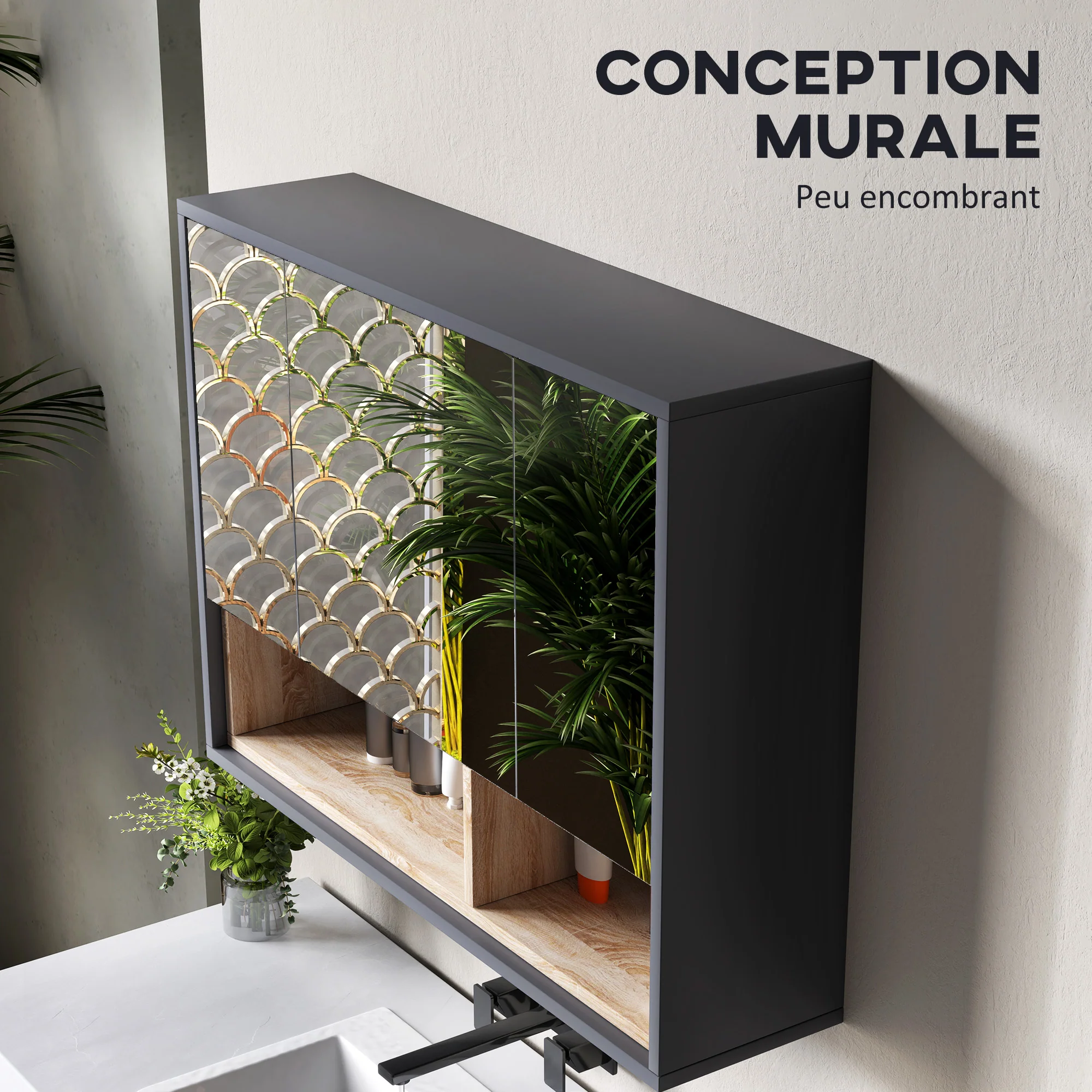 Armoire Murale, meuble salle de bain avec miroir armoire suspendue, miroir salle de bain avec rangement, placards à 3 portes et 8 compartiments, dim. 80L x 20l x 60H cm, gris - Image 7