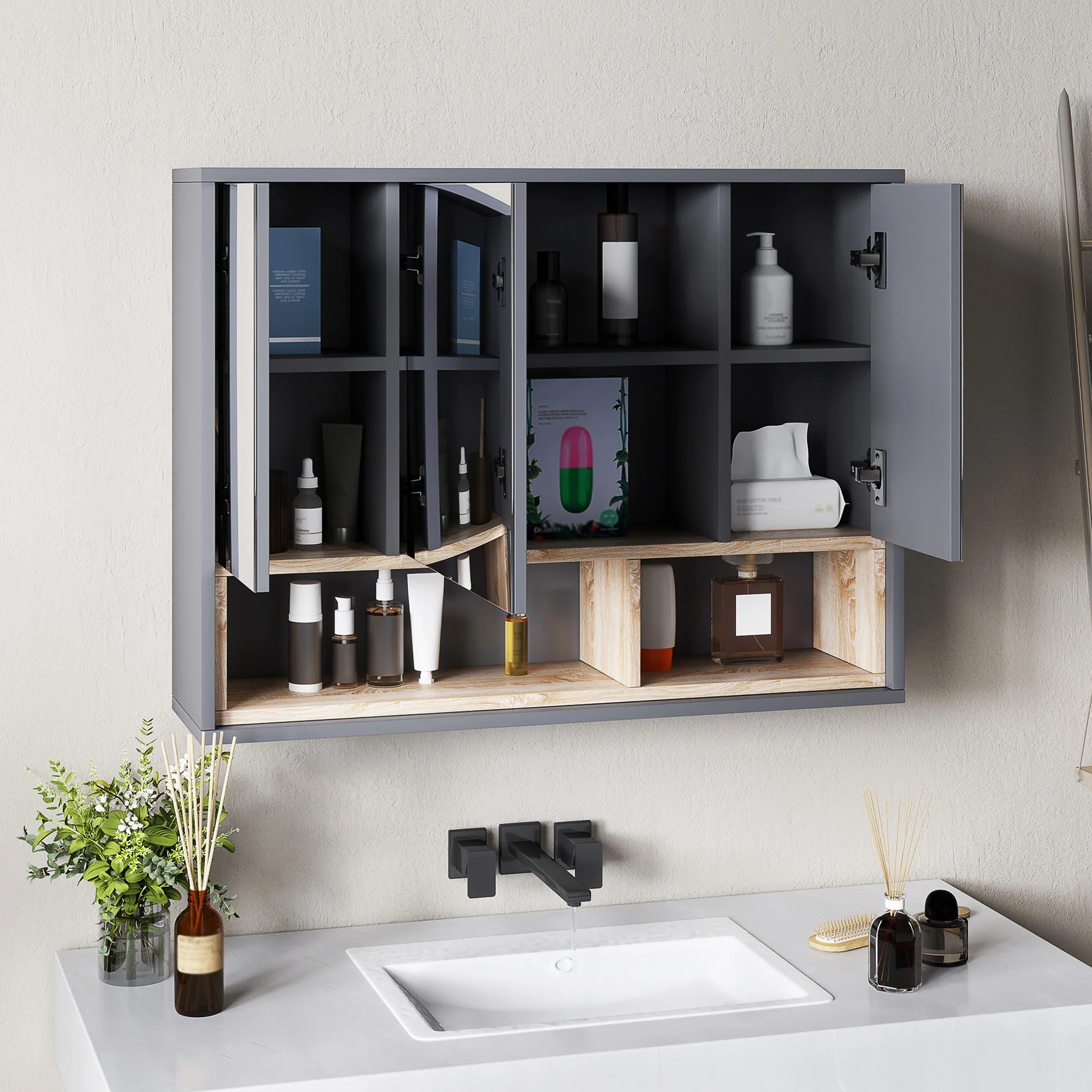 Armoire Murale, meuble salle de bain avec miroir armoire suspendue, miroir salle de bain avec rangement, placards à 3 portes et 8 compartiments, dim. 80L x 20l x 60H cm, gris - Image 9
