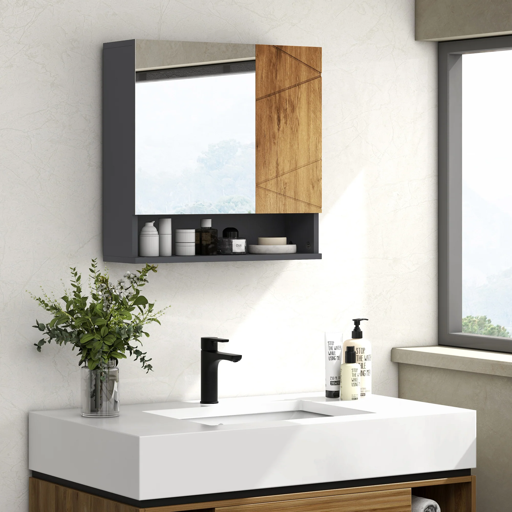 Armoire murale miroir de salle de bain placard de rangement 2 portes avec étagères réglables design contemporain 55 x 17 x 55 cm naturel gris foncé - Image 10