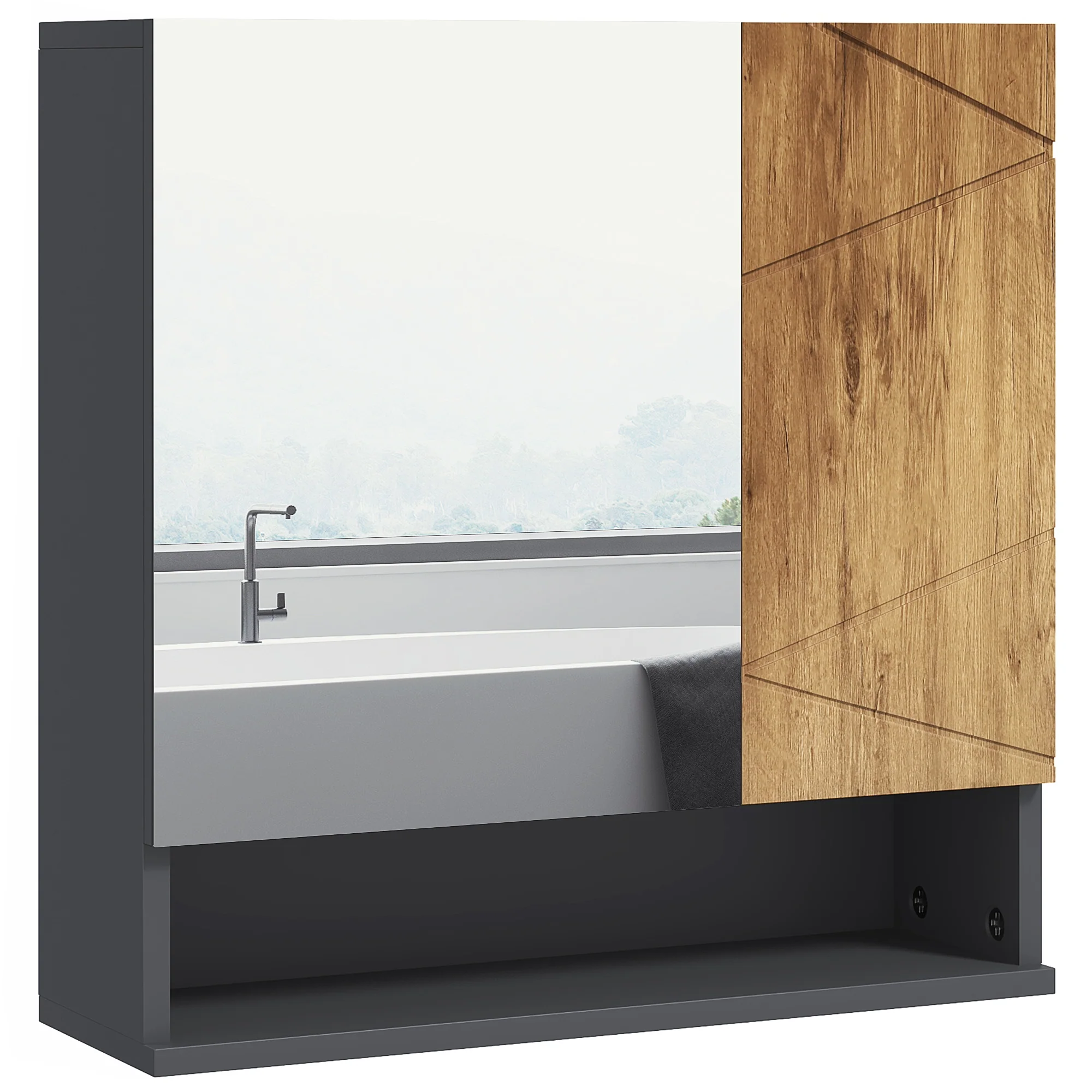 Armoire murale miroir de salle de bain placard de rangement 2 portes avec étagères réglables design contemporain 55 x 17 x 55 cm naturel gris foncé - Image 11