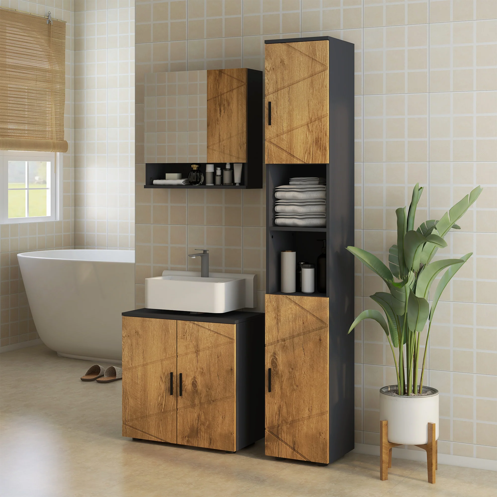 Armoire murale miroir de salle de bain placard de rangement 2 portes avec étagères réglables design contemporain 55 x 17 x 55 cm naturel gris foncé - Image 3