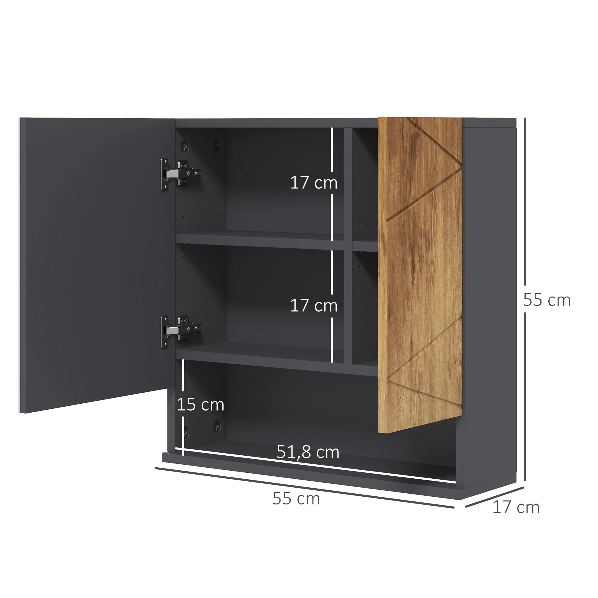 Armoire murale miroir de salle de bain placard de rangement 2 portes avec étagères réglables design contemporain 55 x 17 x 55 cm naturel gris foncé - Image 4