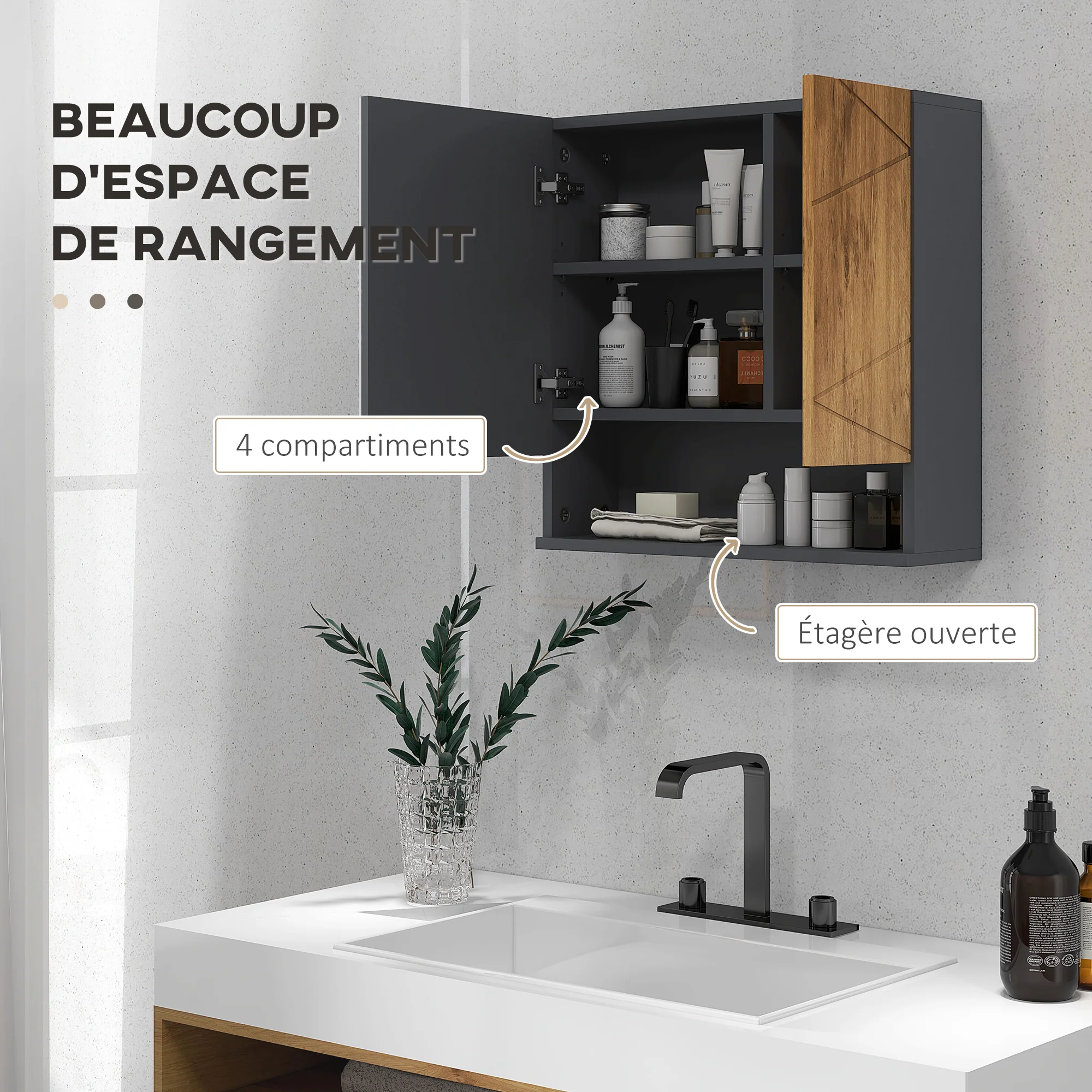Armoire murale miroir de salle de bain placard de rangement 2 portes avec étagères réglables design contemporain 55 x 17 x 55 cm naturel gris foncé - Image 5