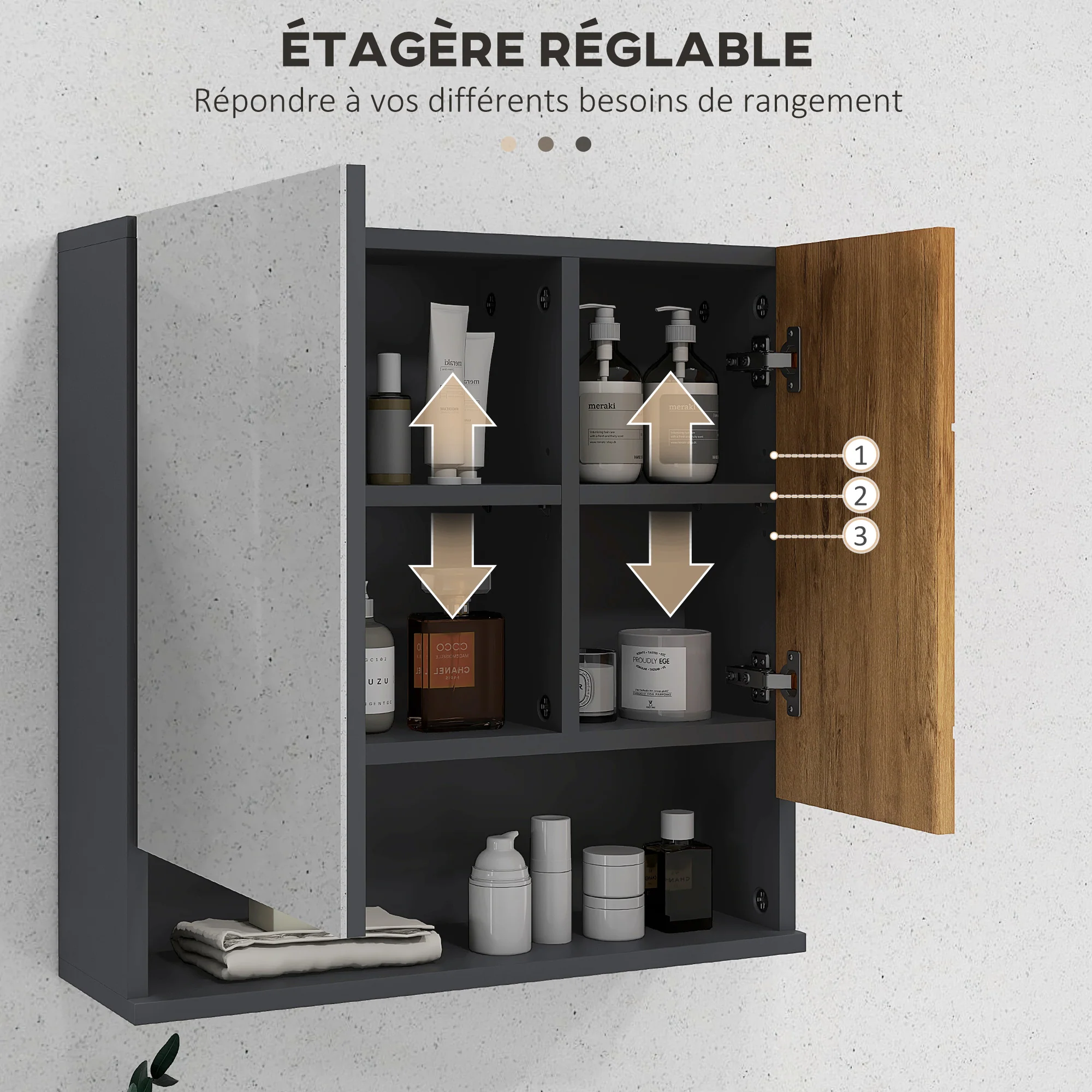 Armoire murale miroir de salle de bain placard de rangement 2 portes avec étagères réglables design contemporain 55 x 17 x 55 cm naturel gris foncé - Image 6