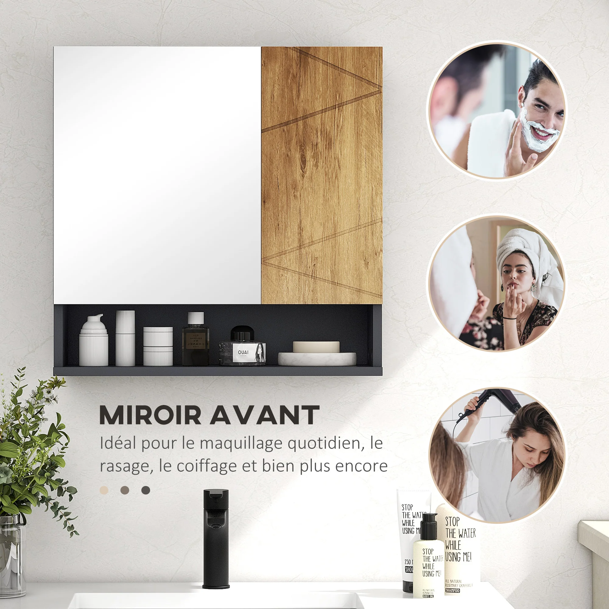 Armoire murale miroir de salle de bain placard de rangement 2 portes avec étagères réglables design contemporain 55 x 17 x 55 cm naturel gris foncé - Image 7