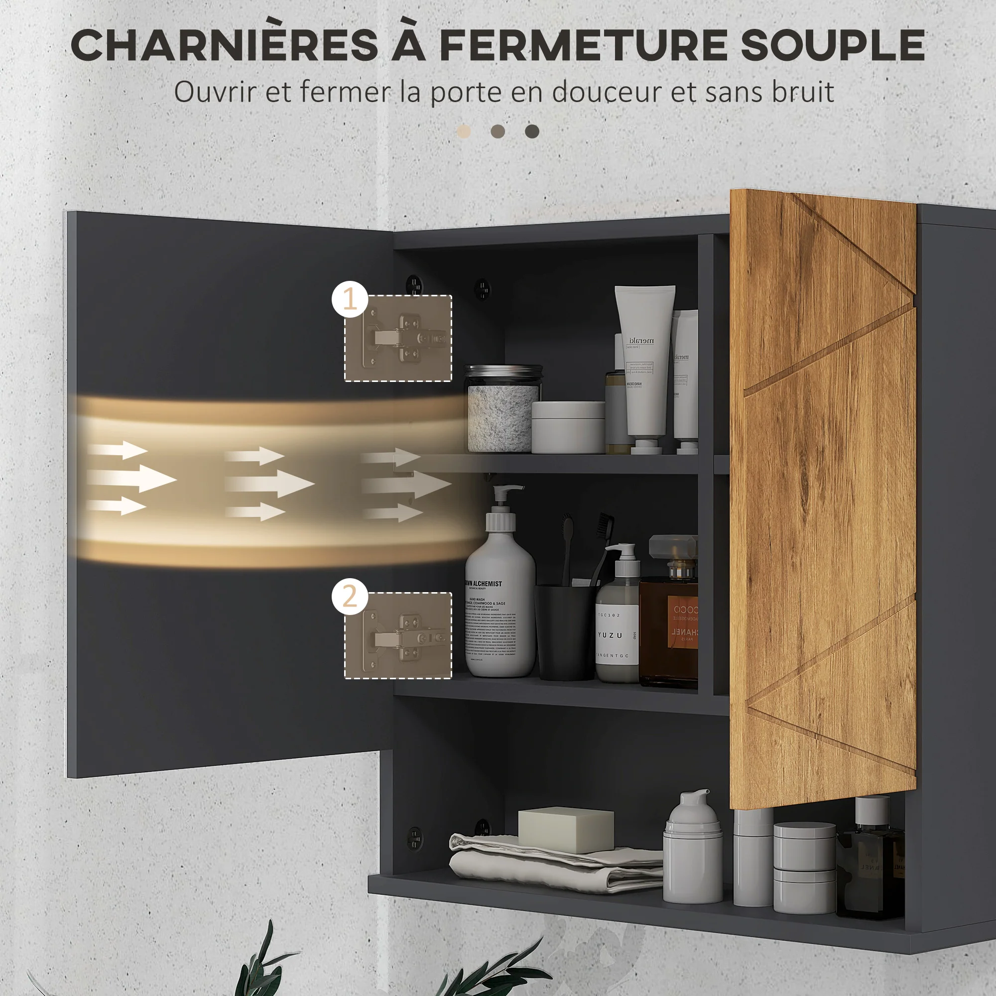Armoire murale miroir de salle de bain placard de rangement 2 portes avec étagères réglables design contemporain 55 x 17 x 55 cm naturel gris foncé - Image 8