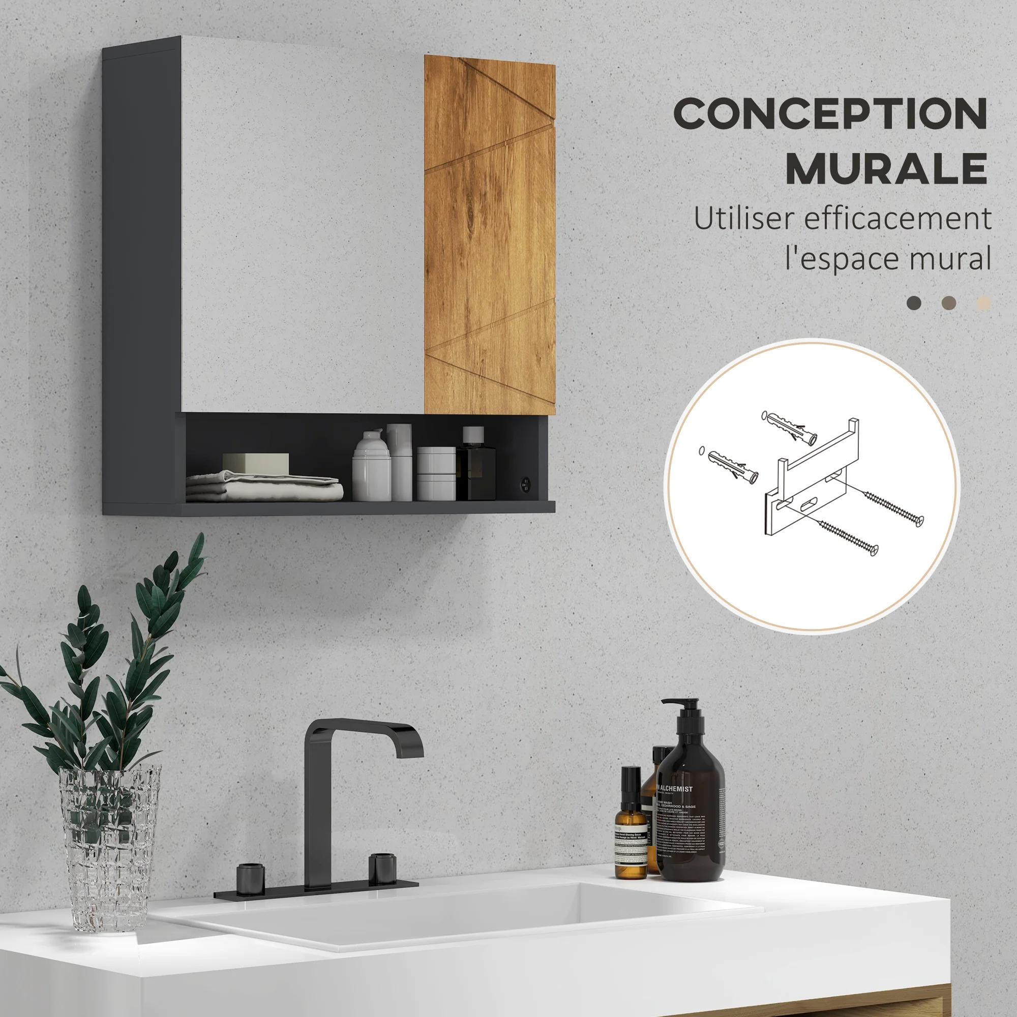 Armoire murale miroir de salle de bain placard de rangement 2 portes avec étagères réglables design contemporain 55 x 17 x 55 cm naturel gris foncé - Image 9