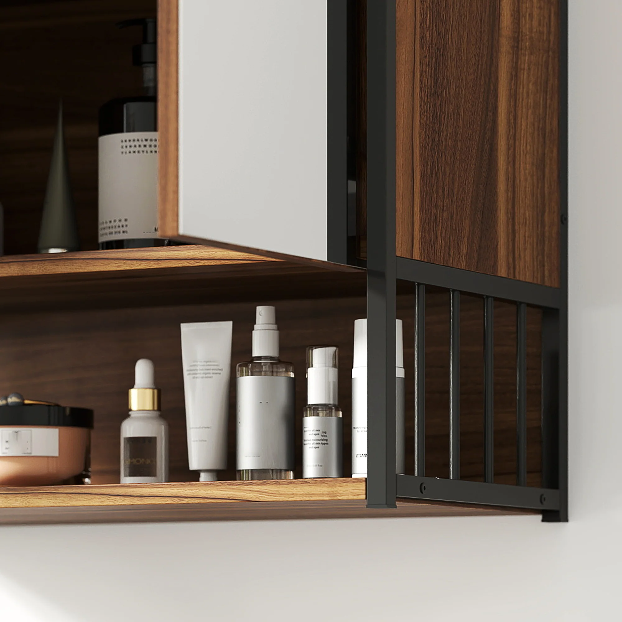 Armoire murale salle de bain avec miroir, 56 x 65 cm, meuble salle de bain, armoire de toilette avec compartiment ouvert, porte à fermeture amortie, marron - Image 10