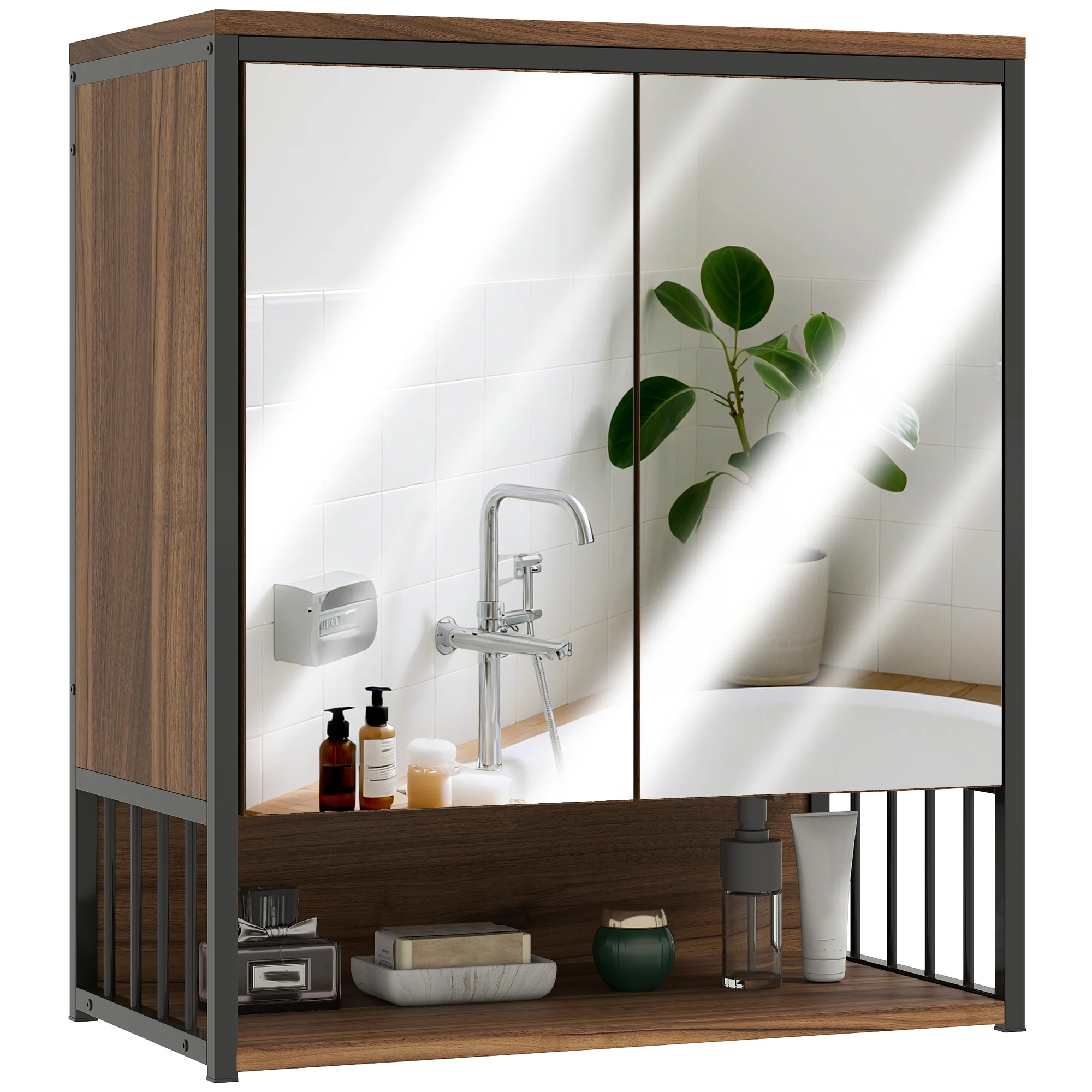 Armoire murale salle de bain avec miroir, 56 x 65 cm, meuble salle de bain, armoire de toilette avec compartiment ouvert, porte à fermeture amortie, marron - Image 11