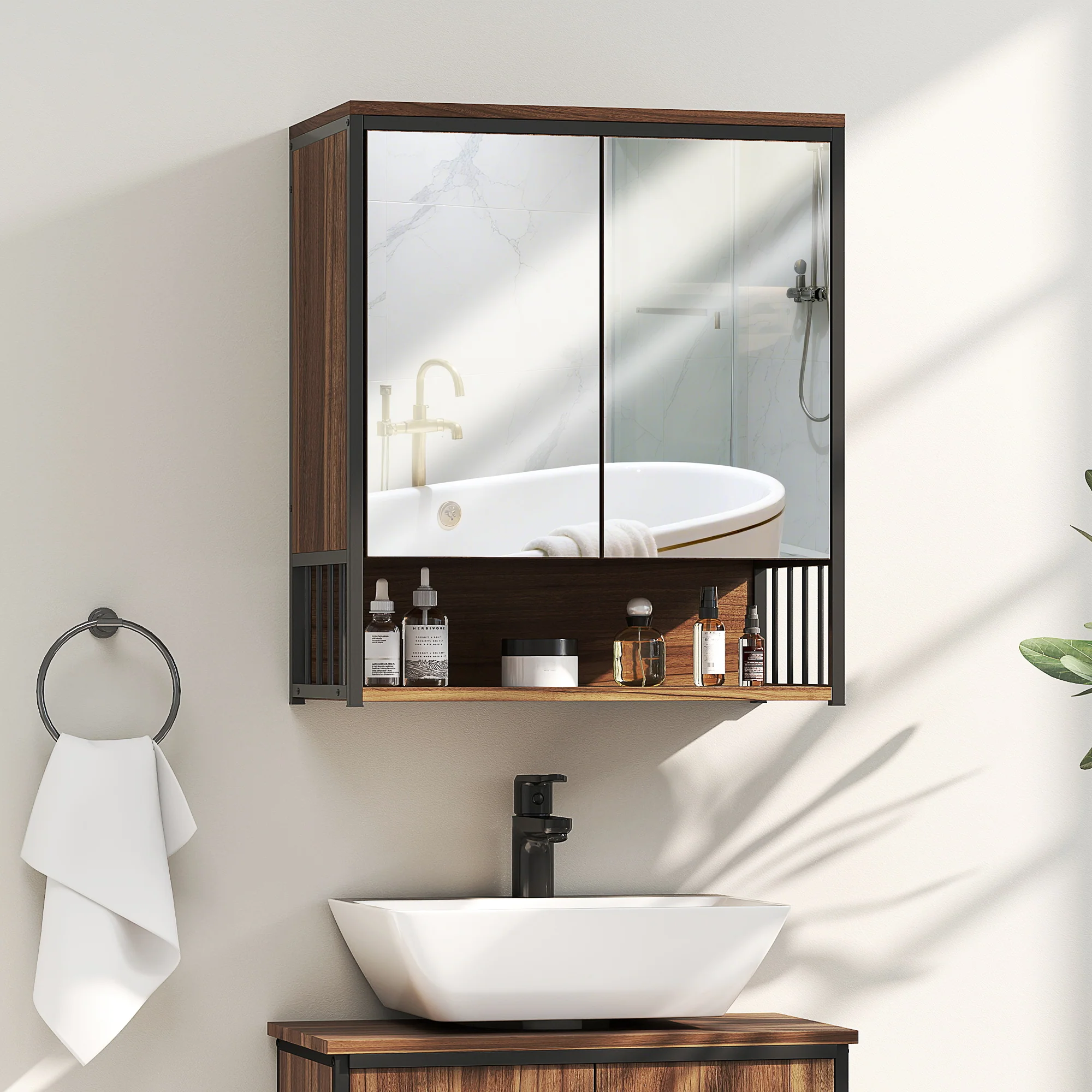 Armoire murale salle de bain avec miroir, 56 x 65 cm, meuble salle de bain, armoire de toilette avec compartiment ouvert, porte à fermeture amortie, marron - Image 3
