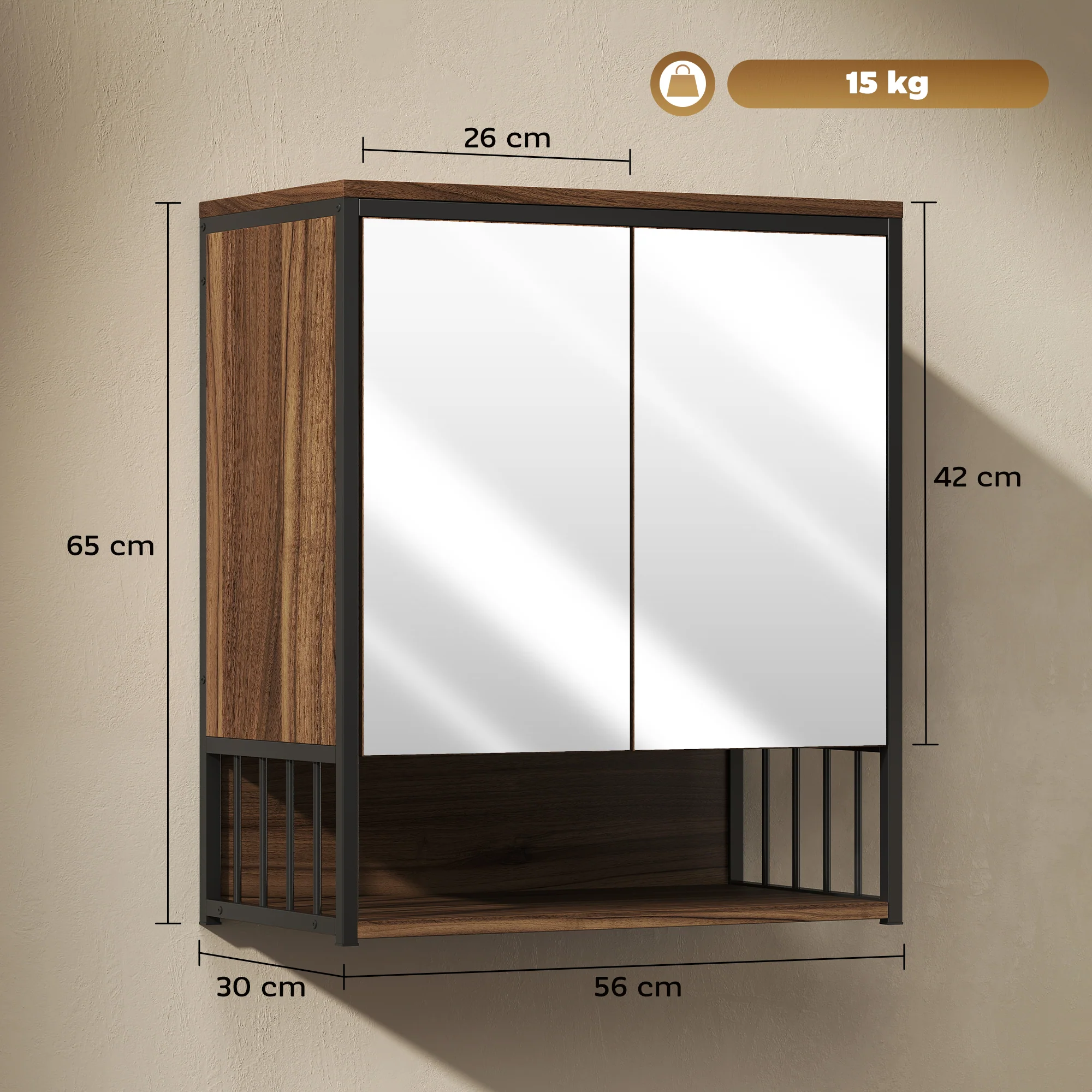Armoire murale salle de bain avec miroir, 56 x 65 cm, meuble salle de bain, armoire de toilette avec compartiment ouvert, porte à fermeture amortie, marron - Image 4